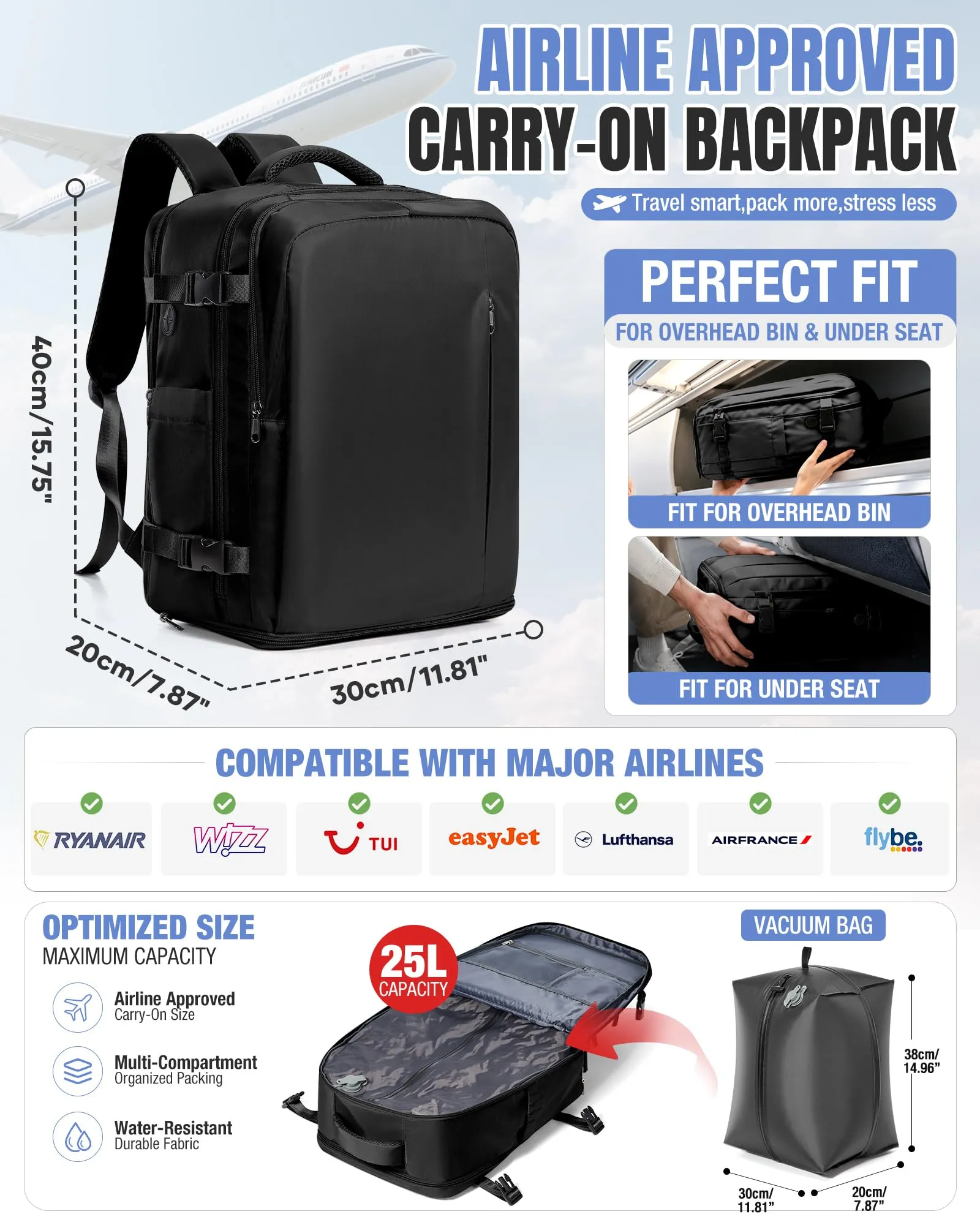 BJLFS Zaino da Viaggio Ryanair 40x30x20 Sottovuoto con Pompa Elettrica - immagine 2
