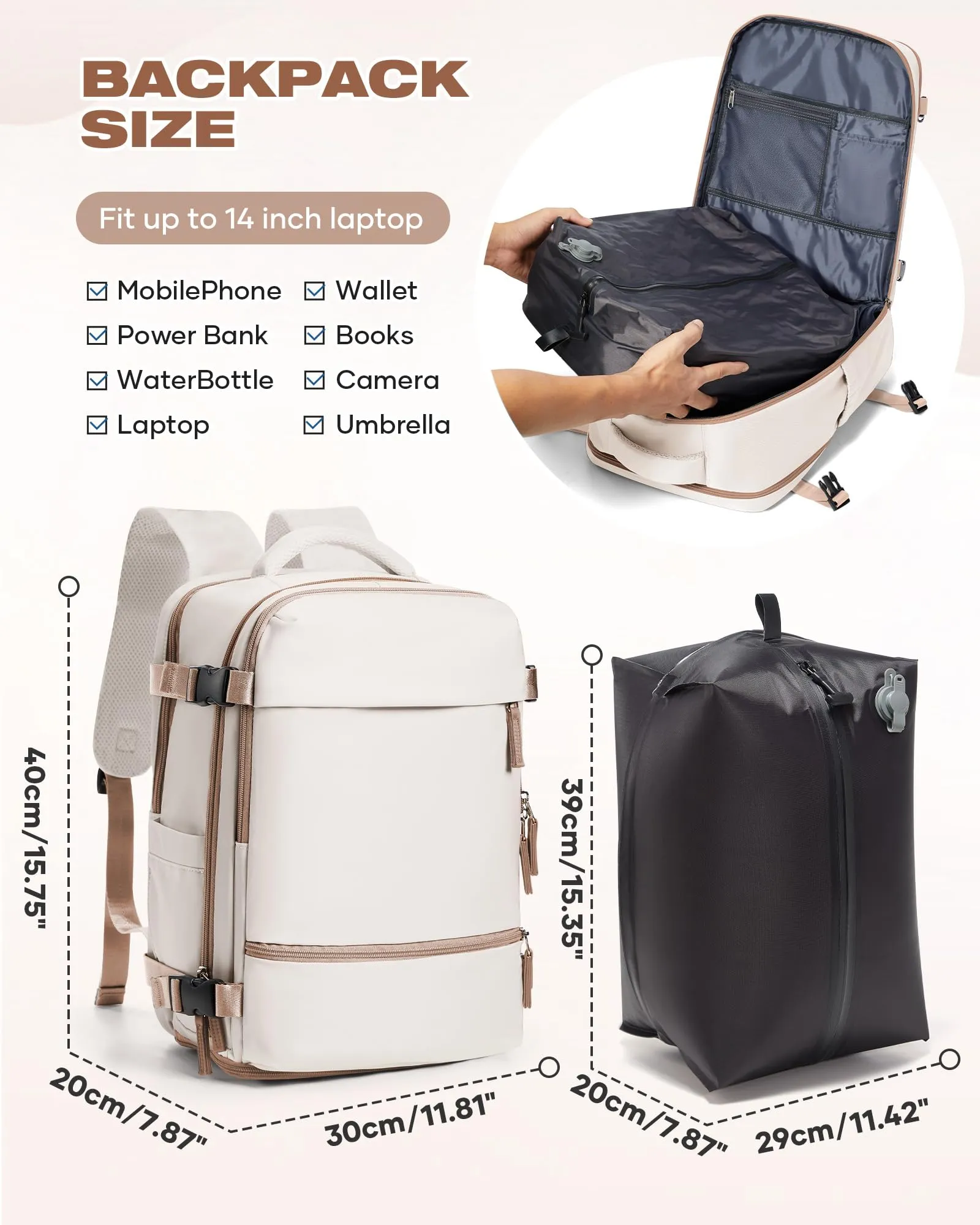 SZLX Zaino da Viaggio Sottovuoto con Pompa 40x30x20 per Ryanair, Wizzair, Easyjet, Impermeabile per Laptop 14 Pollici - immagine 5