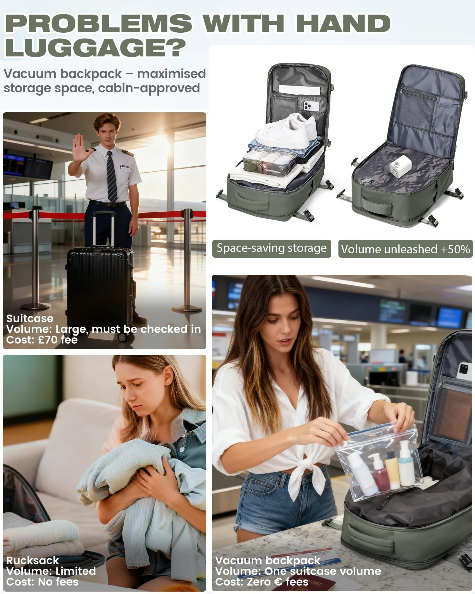 SZLX Zaino da Viaggio Sottovuoto con Pompa 40x30x20 cm per Ryanair, Wizzair, Easyjet, Impermeabile per Laptop 14 Pollici - immagine 7