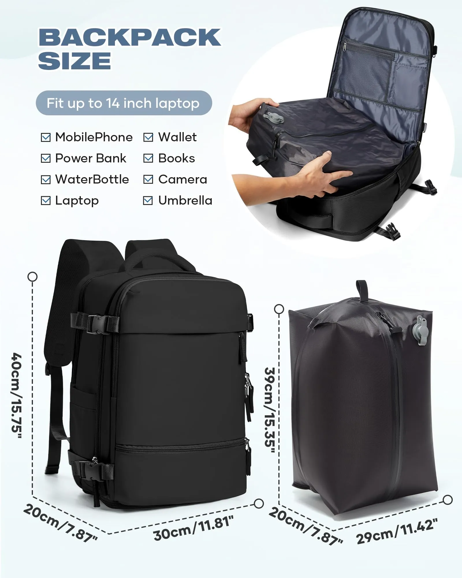 SZLX Zaino da Viaggio Sottovuoto con Pompa 40x30x20 per Ryanair, Wizzair, Easyjet, Impermeabile per Laptop 14 Pollici - immagine 4