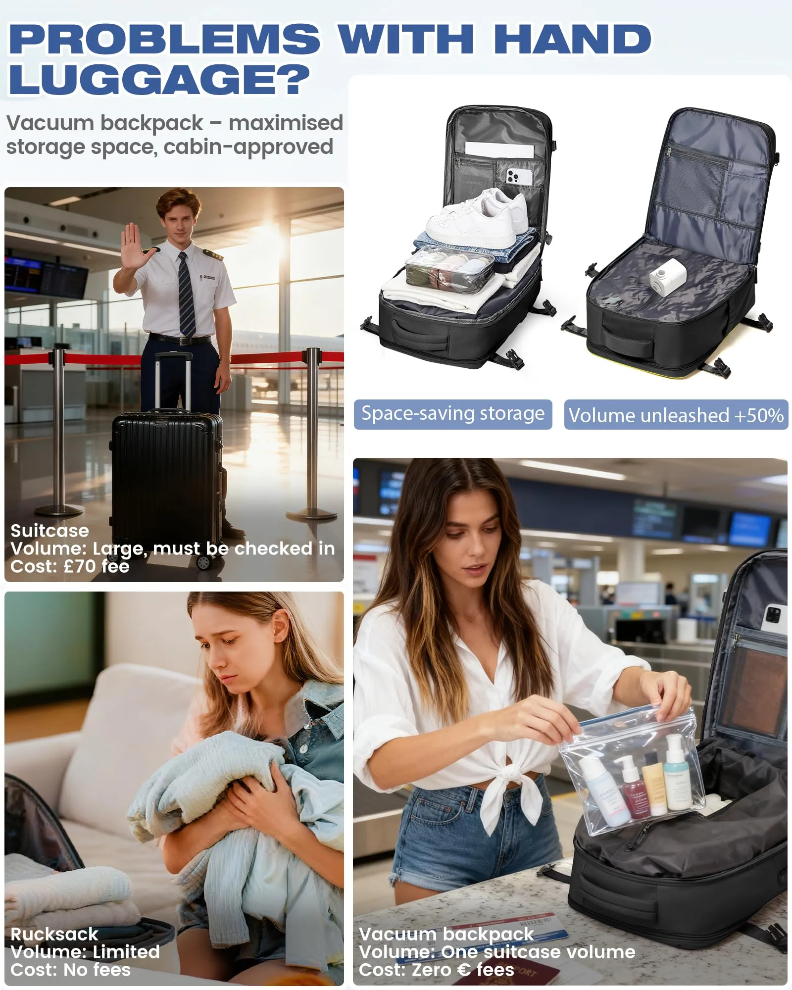 SZLX Zaino da Viaggio Sottovuoto con Pompa 40x30x20 per Ryanair, Wizzair, Easyjet, Impermeabile per Laptop 14 Pollici - immagine 7
