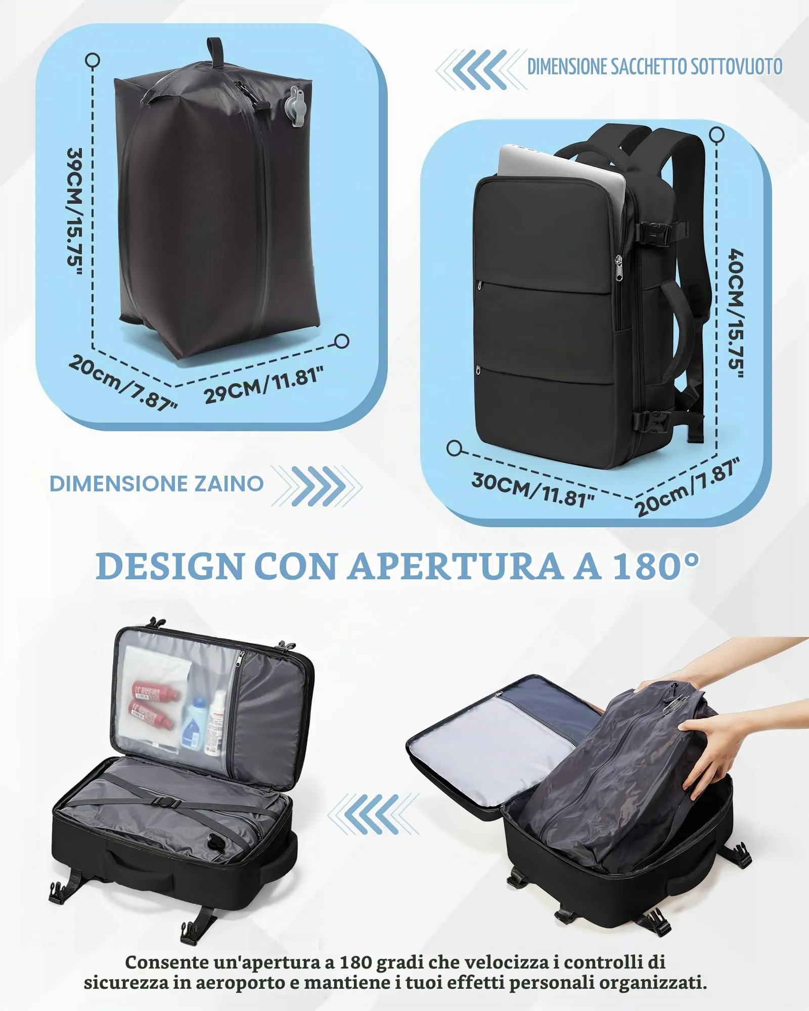 SZLX Zaino da Viaggio Sottovuoto con Pompa per Ryanair 40x30x20, Wizzair, Easyjet, Bagaglio a Mano per Laptop 14 Pollici con Porta Scarpe - immagine 4