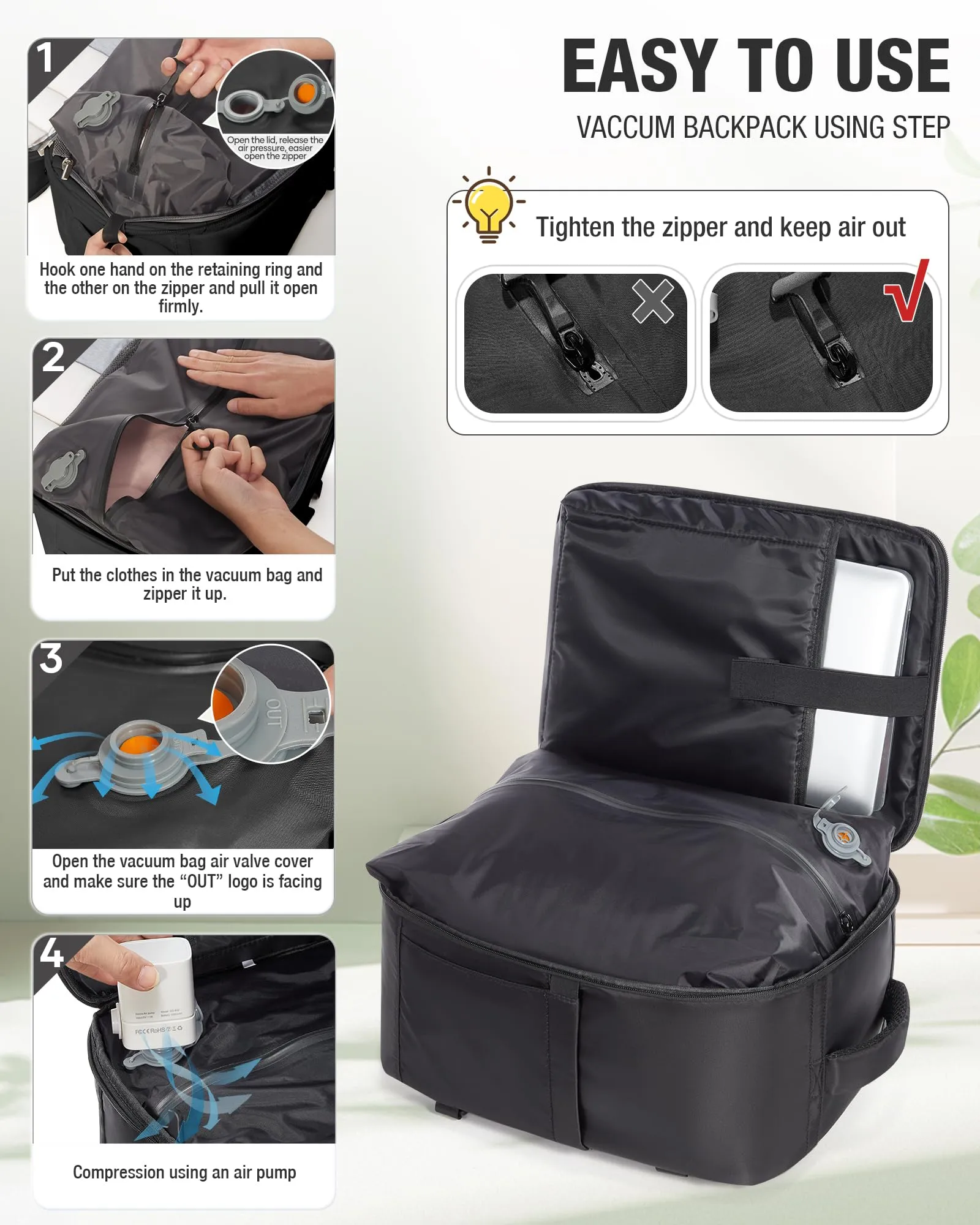 SZLX Zaino da Viaggio Sottovuoto con Pompa, Bagaglio a Mano per Ryanair 40x30x20, Wizzair, Easyjet, con Scomparto Laptop 14 Pollici e Porta Scarpe - immagine 6