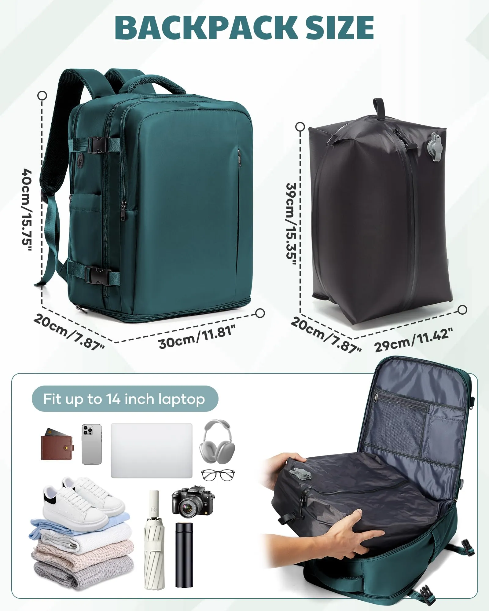 SZLX Zaino da Viaggio Sottovuoto con Pompa 40x30x20 per Ryanair, Wizzair, Easyjet, Laptop 14 Pollici con Porta Scarpe - immagine 5