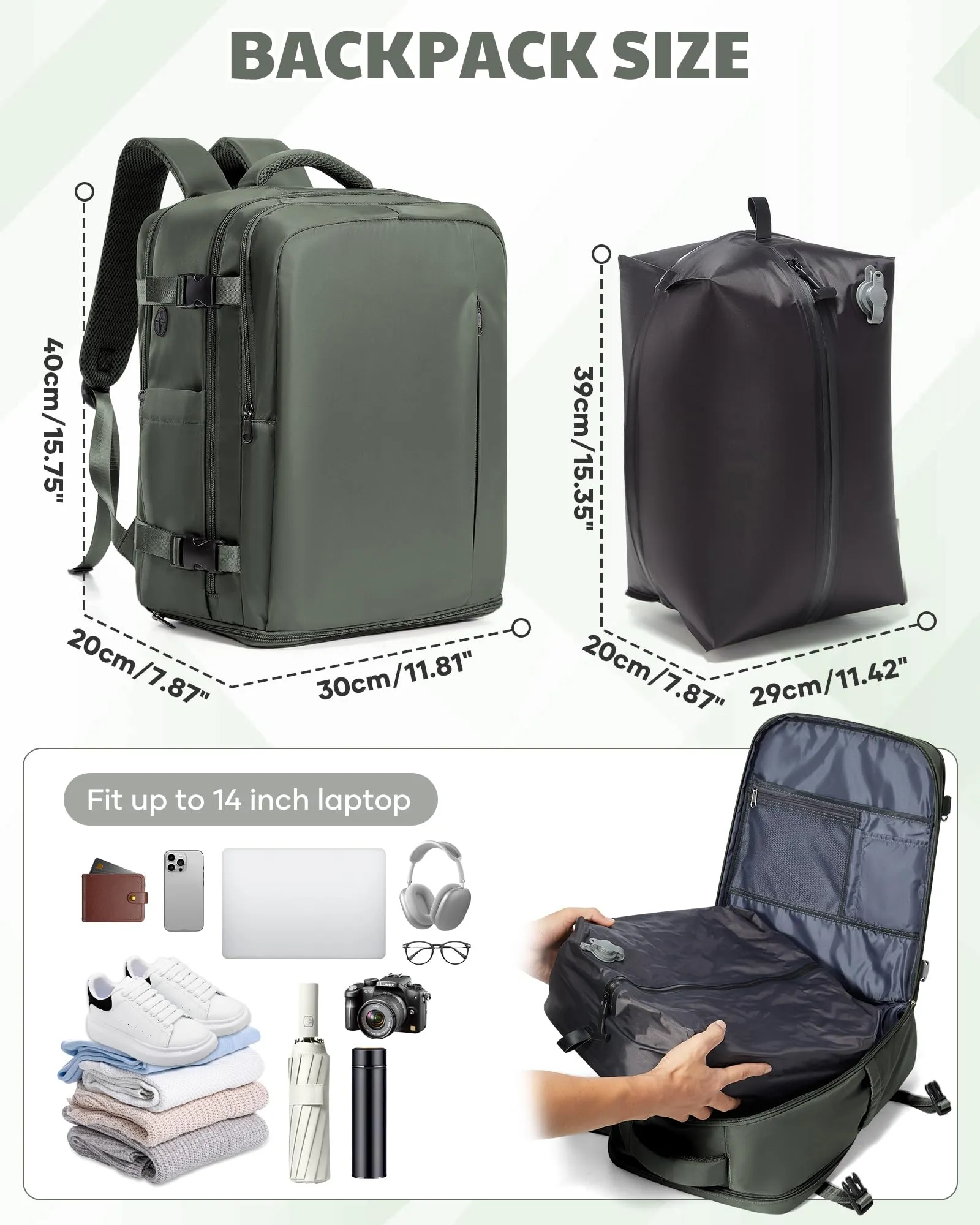 SZLX Zaino da Viaggio Sottovuoto con Pompa, Bagaglio a Mano 40x30x20 per Ryanair, Wizzair, Easyjet, con Scomparto Laptop 14 Pollici e Porta Scarpe - immagine 5