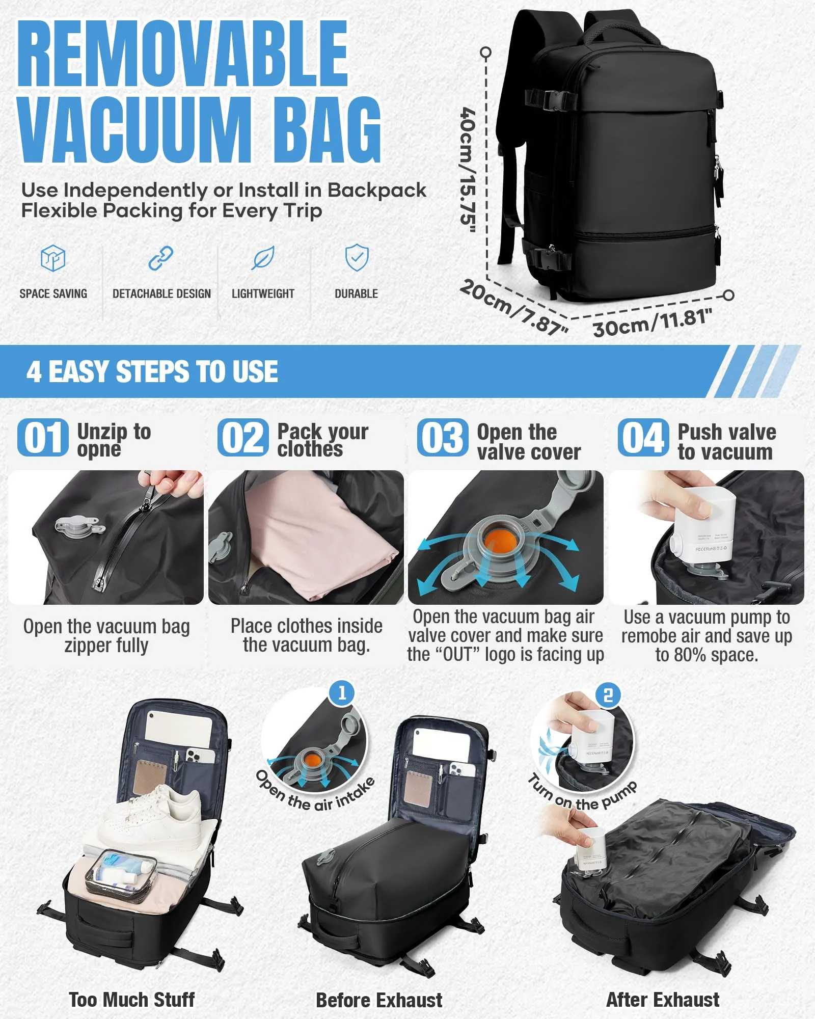 SZLX Zaino da Viaggio Sottovuoto con Pompa 40x30x20 cm per Ryanair e Wizzair, Impermeabile, Scomparto Laptop 14 Pollici e Scomparto Scarpe - immagine 4