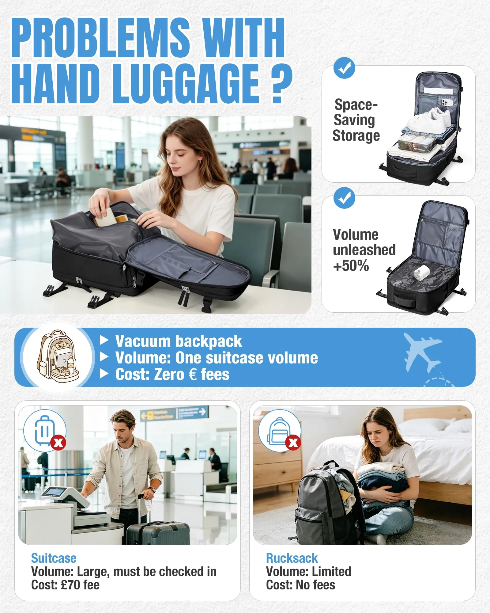 SZLX Zaino da Viaggio Sottovuoto con Pompa 40x30x20 cm per Ryanair e Wizzair, Impermeabile, Scomparto Laptop 14 Pollici e Scomparto Scarpe - immagine 6