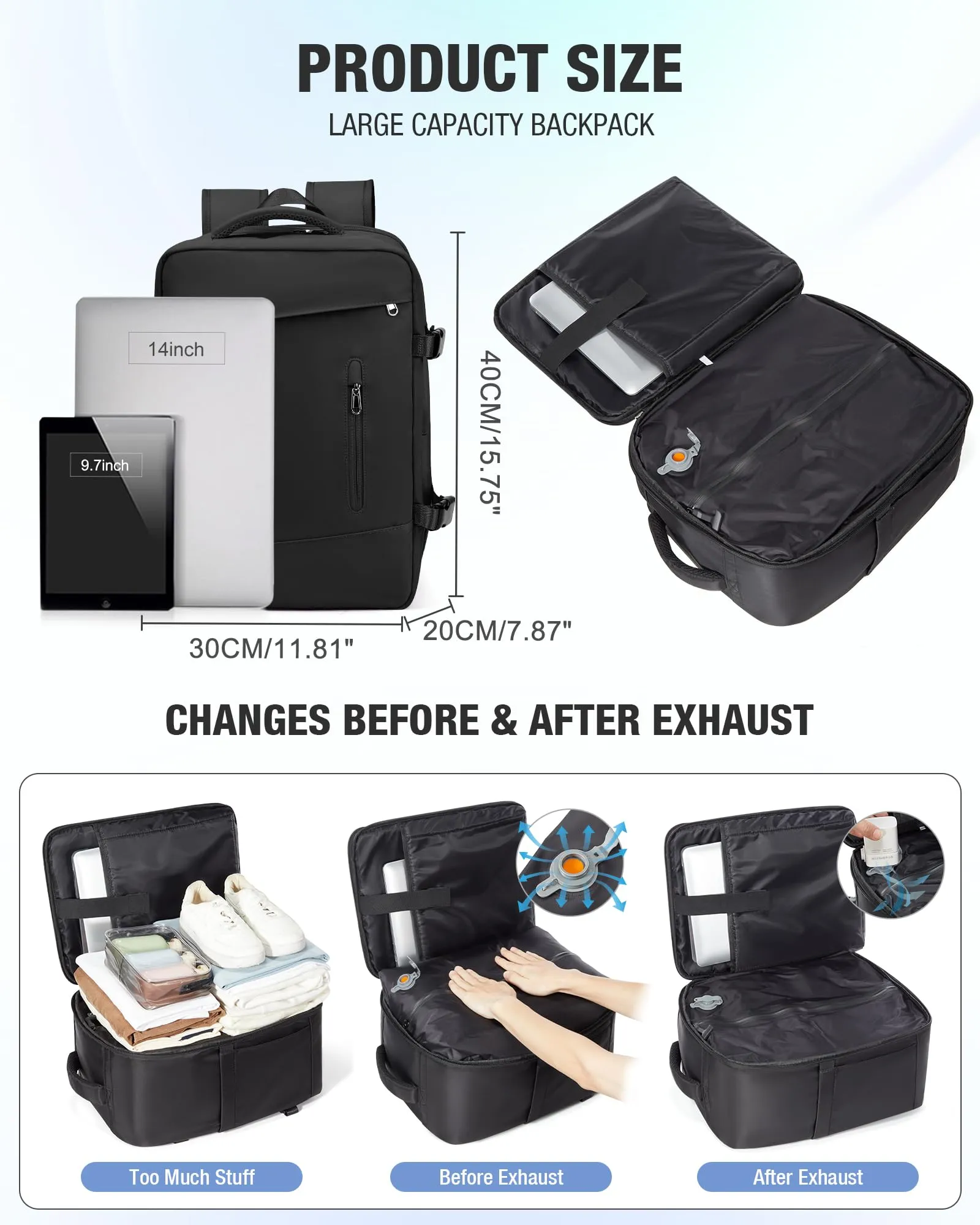 SZLX Zaino da Viaggio Sottovuoto con Pompa 40x30x20 Ryanair Wizzair Bagaglio a Mano Impermeabile Laptop 14 Pollici con Scomparto per Scarpe - immagine 5