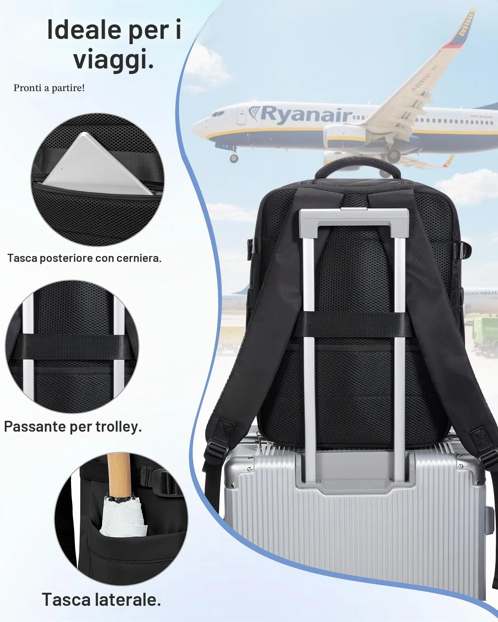 SZLX Zaino da Viaggio Sottovuoto con Pompa 40x30x20 Ryanair Wizzair Bagaglio a Mano Impermeabile Laptop 14 Pollici con Scomparto per Scarpe - immagine 10