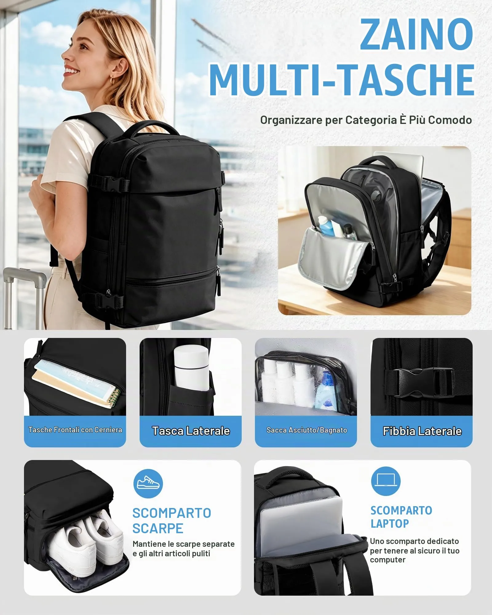 SZLX Zaino da Viaggio Sottovuoto con Pompa 40x30x20 cm per Ryanair Wizzair Easyjet, Bagaglio a Mano per Laptop 14 Pollici con Porta Scarpe - immagine 7