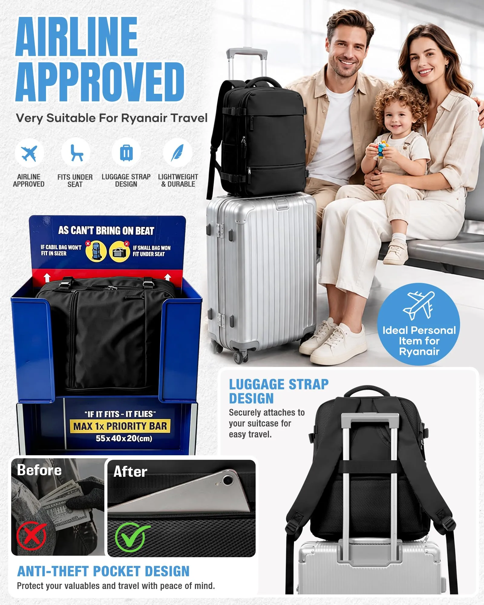 SZLX Zaino da Viaggio Sottovuoto con Pompa 40x30x20 cm per Ryanair Wizzair Easyjet, Bagaglio a Mano per Laptop 14 Pollici con Porta Scarpe - immagine 8