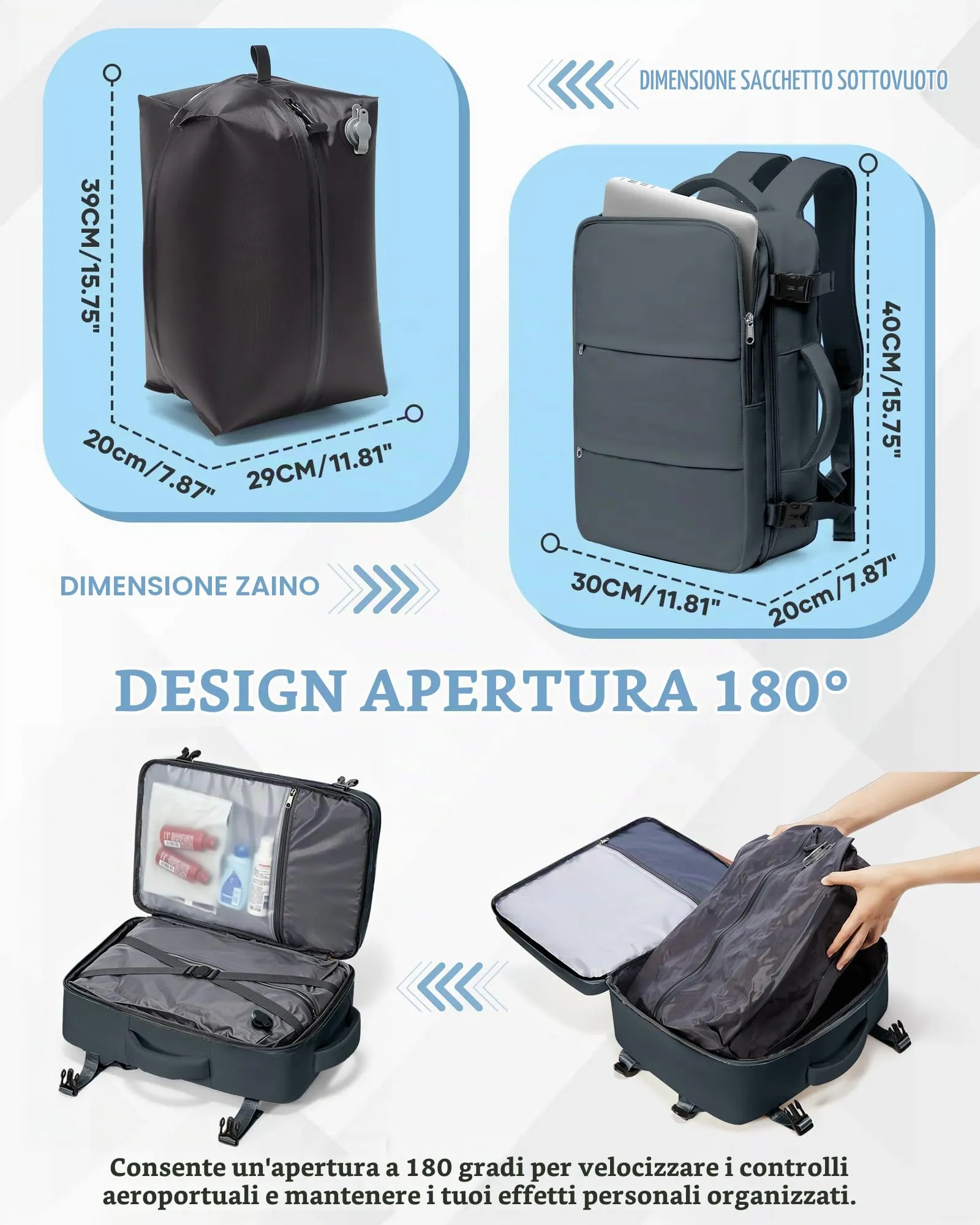 SZLX Zaino da Viaggio Sottovuoto con Pompa per Ryanair 40x30x20, Wizzair, Easyjet, Scomparto Laptop 14 Pollici e Porta Scarpe - immagine 4