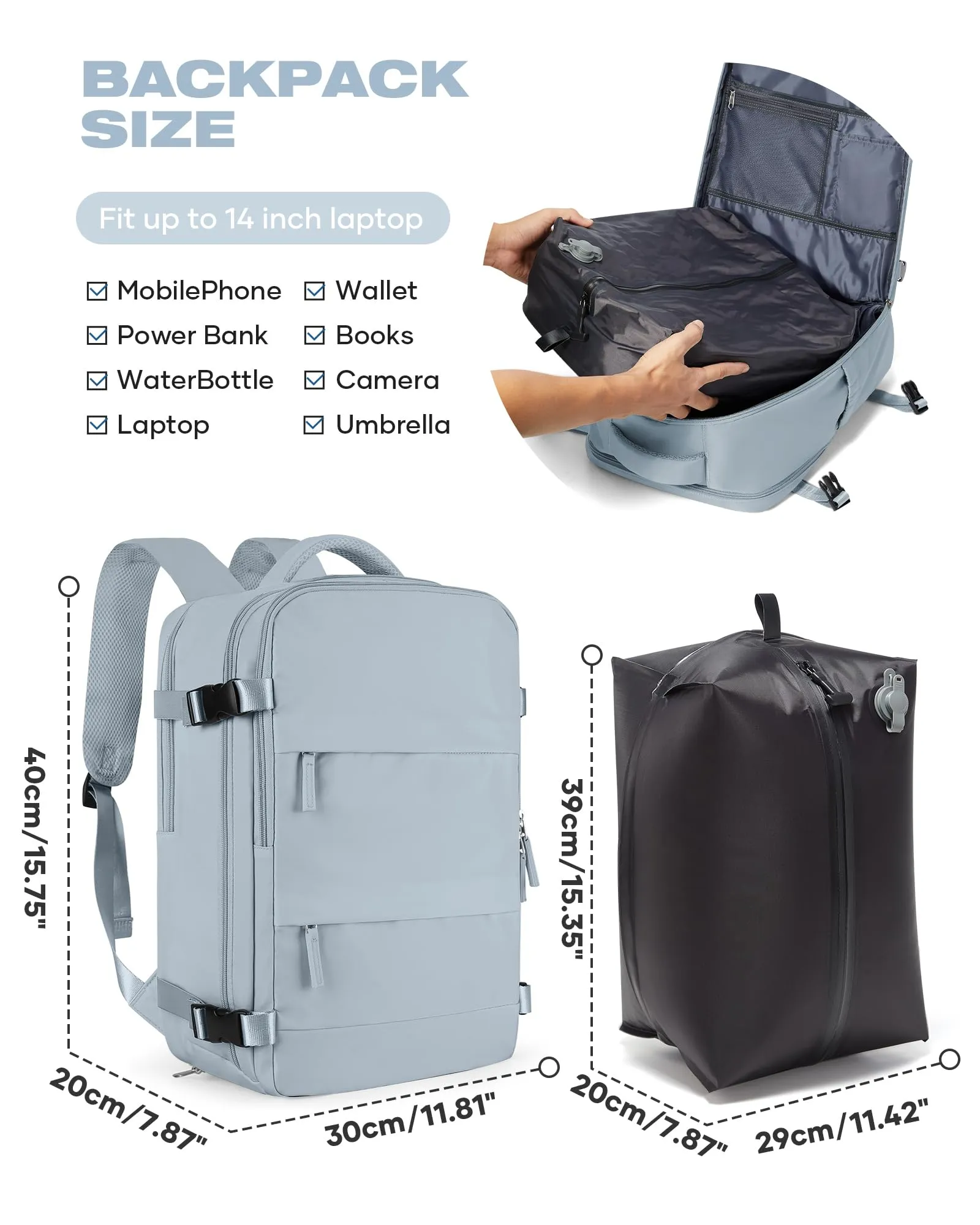 SZLX Zaino da Viaggio Sottovuoto con Pompa 40x30x20 per Ryanair Wizzair Easyjet, Impermeabile per Laptop 14 Pollici - immagine 4