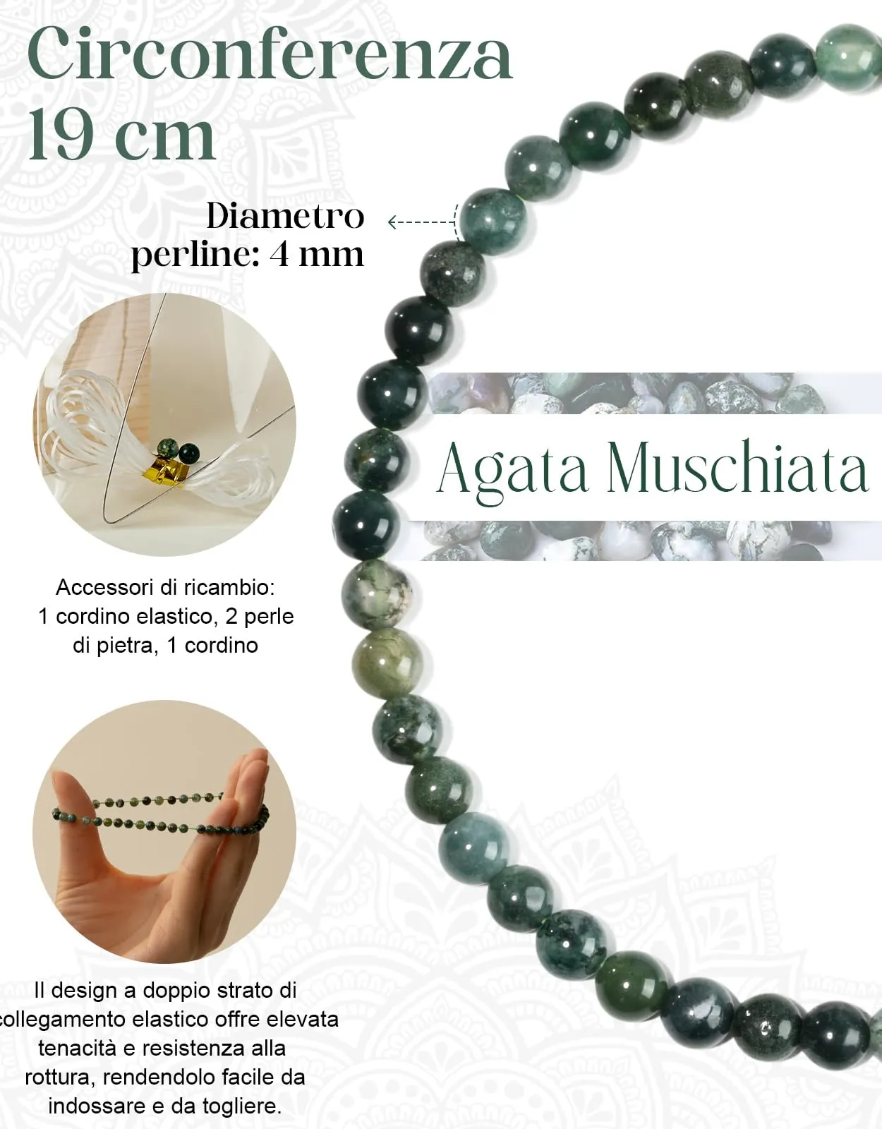 Landorilo Bracciale in Agata Muschiata, Pietra Naturale 4 mm, 18-19 cm - immagine 4