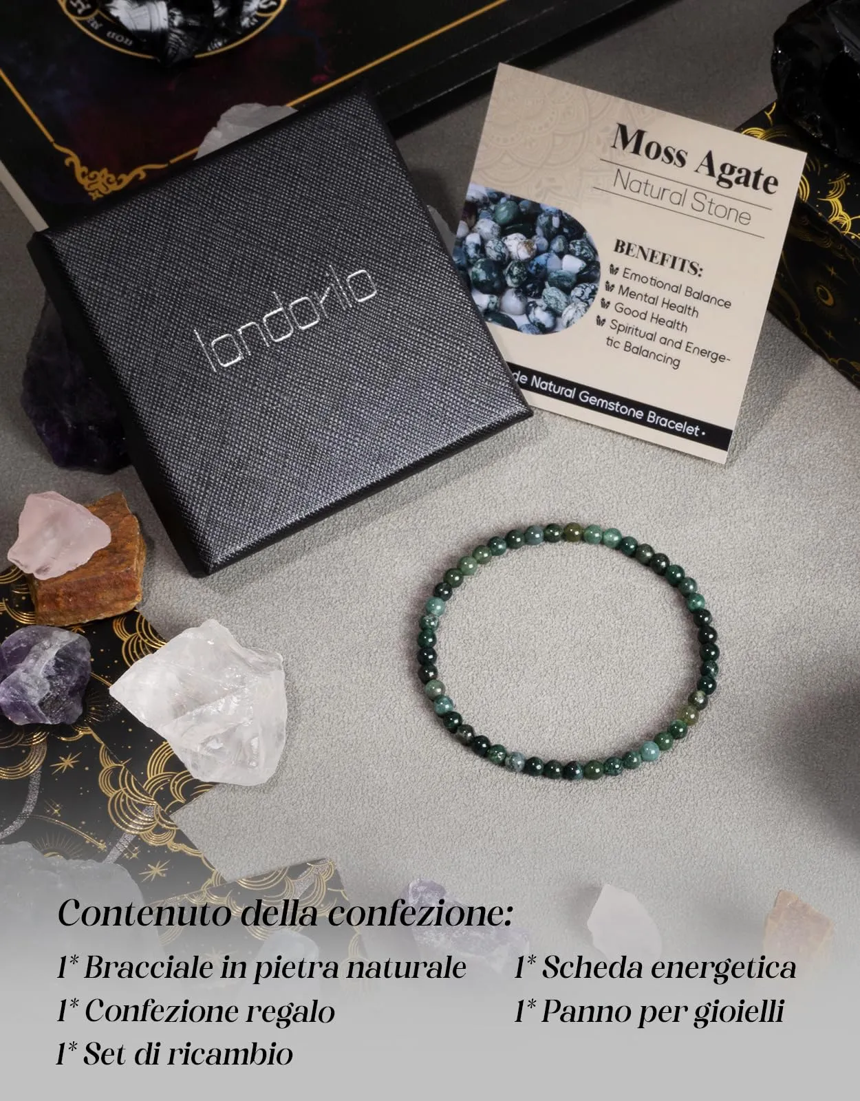Landorilo Bracciale in Agata Muschiata, Pietra Naturale 4 mm, 18-19 cm - immagine 5