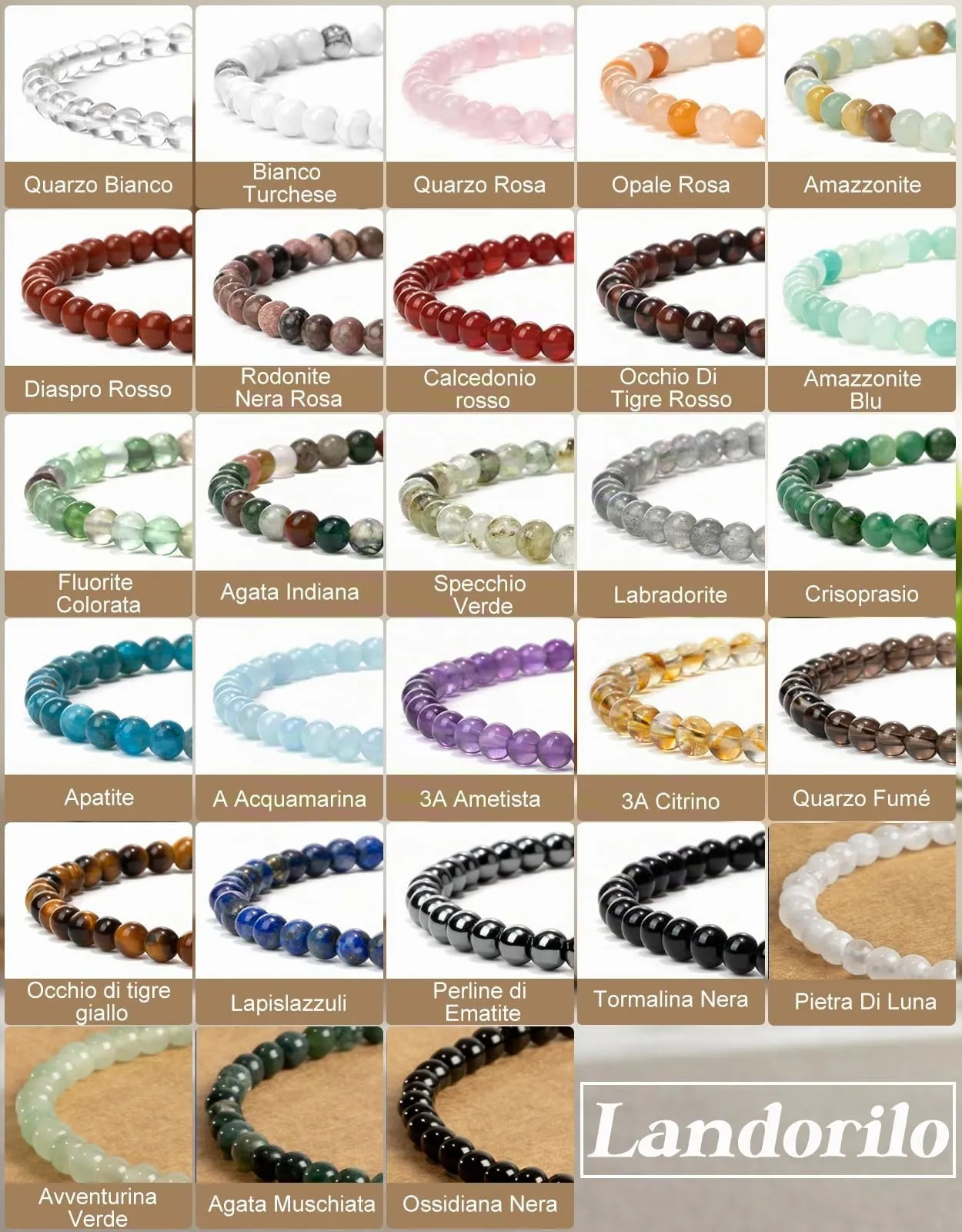 Landorilo Bracciale in Agata Muschiata, Pietra Naturale 4 mm, 18-19 cm - immagine 7