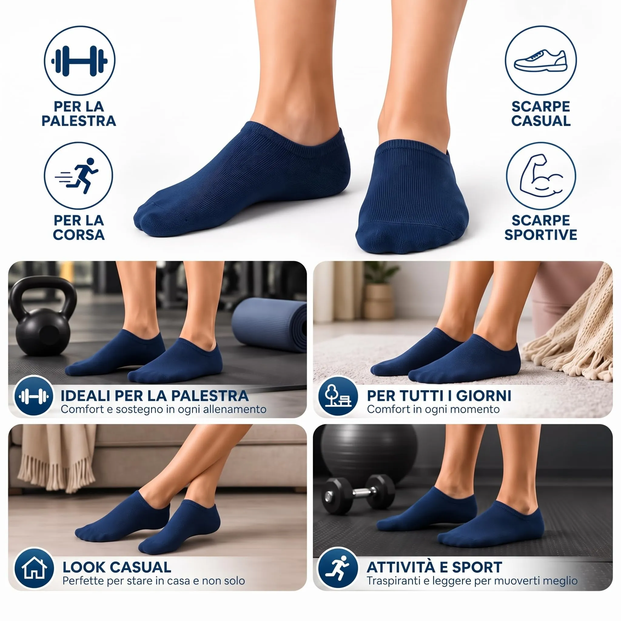 PS PROUTHS Calzini Corti Bassi Fantasmini Unisex in Cotone, 12 Paia, 35-40, Blu navy - immagine 6