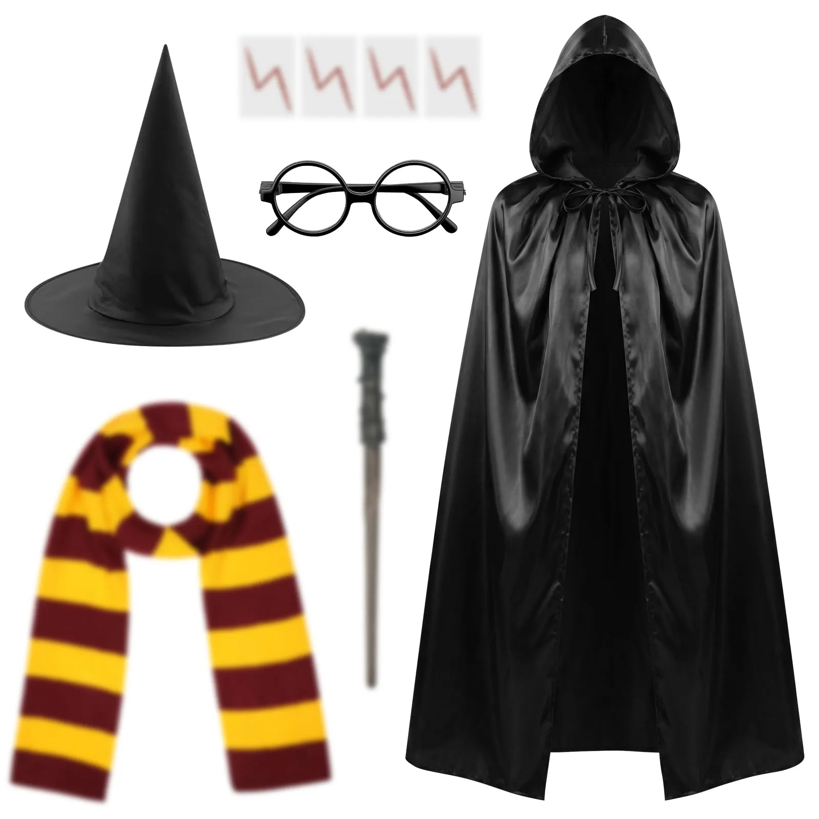 AUYAO Costume da Mago, Set di 9 Pezzi con Mantello, Cappello, Sciarpa, Occhiali, Bacchetta e 4 Adesivi, Kit Cosplay per Bambini e Adulti - immagine 1