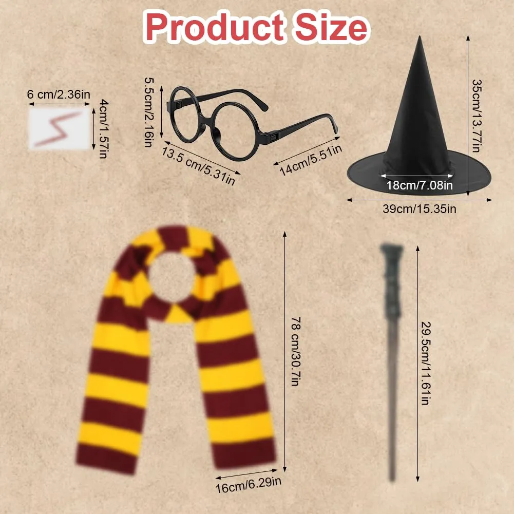 AUYAO Costume da Mago, Set di 9 Pezzi con Mantello, Cappello, Sciarpa, Occhiali, Bacchetta e 4 Adesivi, Kit Cosplay per Bambini e Adulti - immagine 3