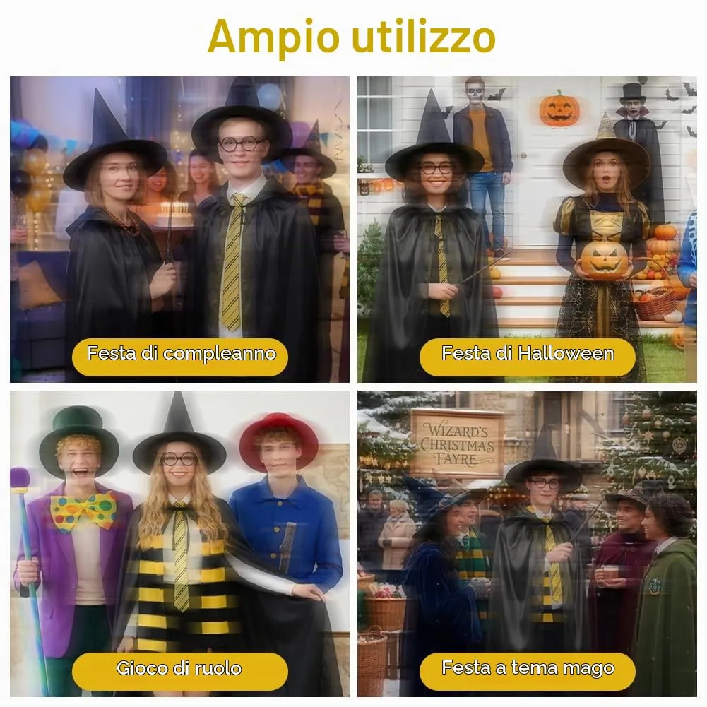 AUYAO Costume da Mago, Set di 18 Pezzi con Mantello, Cappello, Occhiali, Sciarpa, Cravatta, Bacchetta e Adesivi, Kit Cosplay per Bambini e Adulti - immagine 4