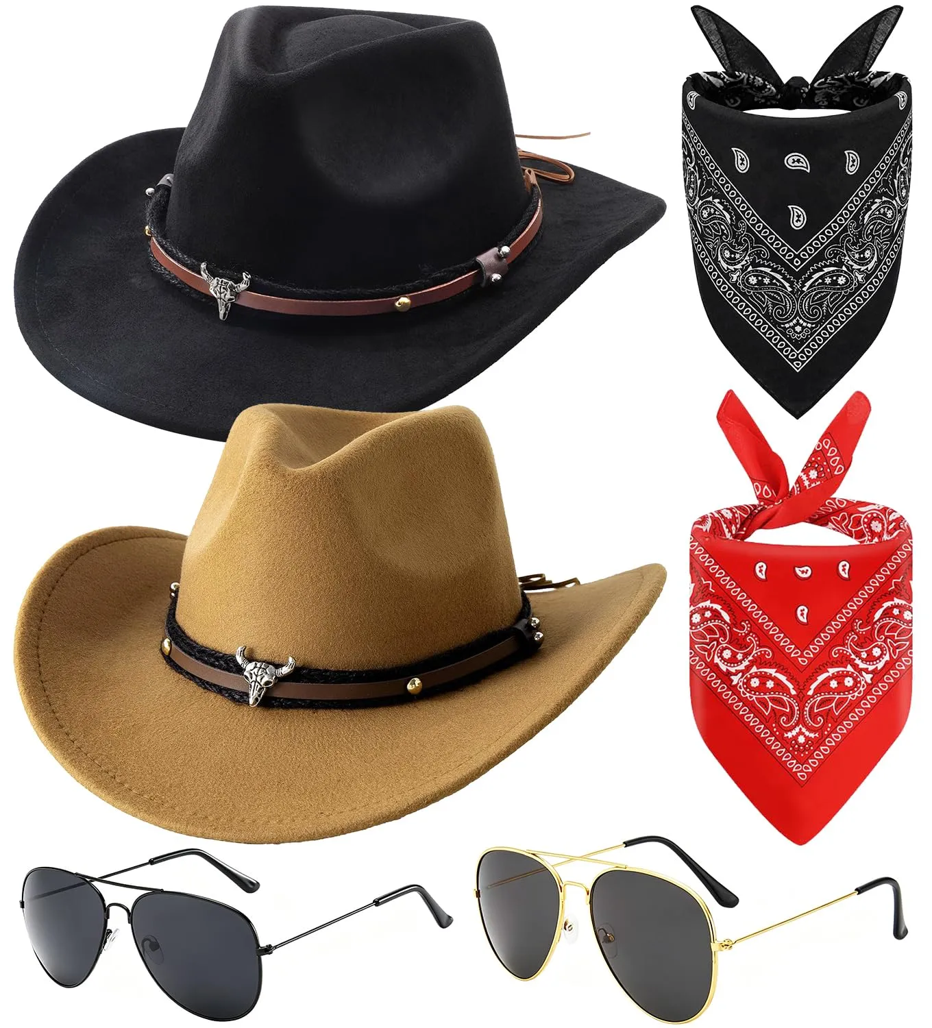 WFKKMEQ Costume da Cowboy Kit Accessori con Cappello, Bandana, Occhiali e Distintivo per Cosplay e Feste - immagine 1