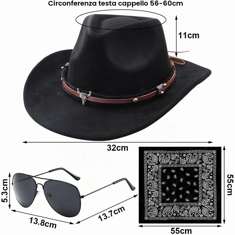 WFKKMEQ Costume da Cowboy Kit Accessori con Cappello, Bandana, Occhiali e Distintivo per Cosplay e Feste - immagine 2