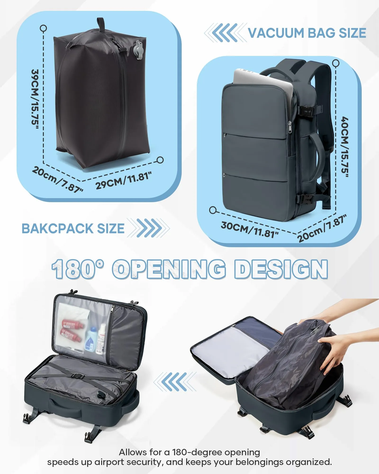 SZLX Zaino da Viaggio Sottovuoto con Pompa 40x30x20cm per Ryanair Wizzair, Impermeabile, Scomparto Laptop 14 Pollici e Scomparto Scarpe - immagine 4