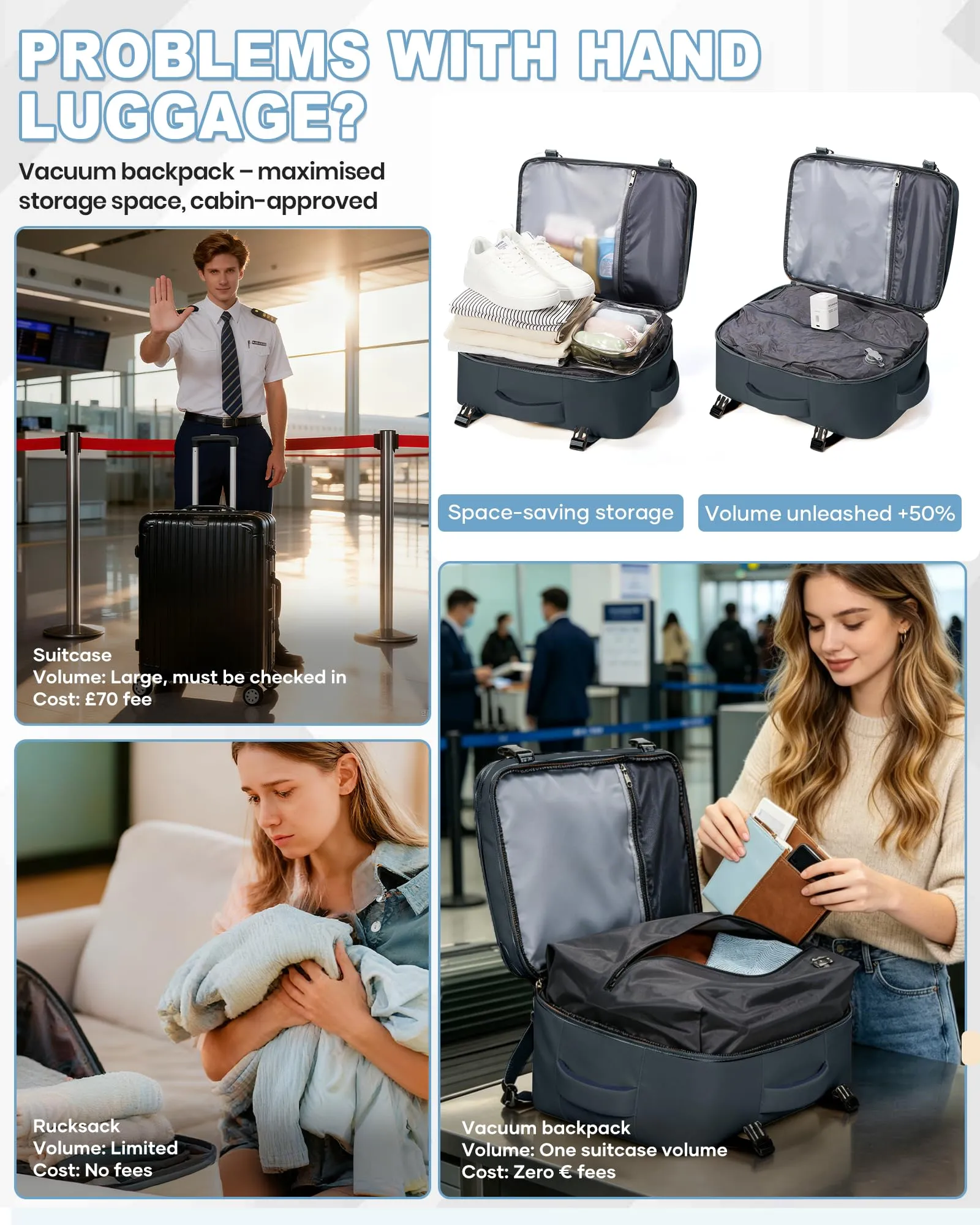 SZLX Zaino da Viaggio Sottovuoto con Pompa 40x30x20cm per Ryanair Wizzair, Impermeabile, Scomparto Laptop 14 Pollici e Scomparto Scarpe - immagine 7