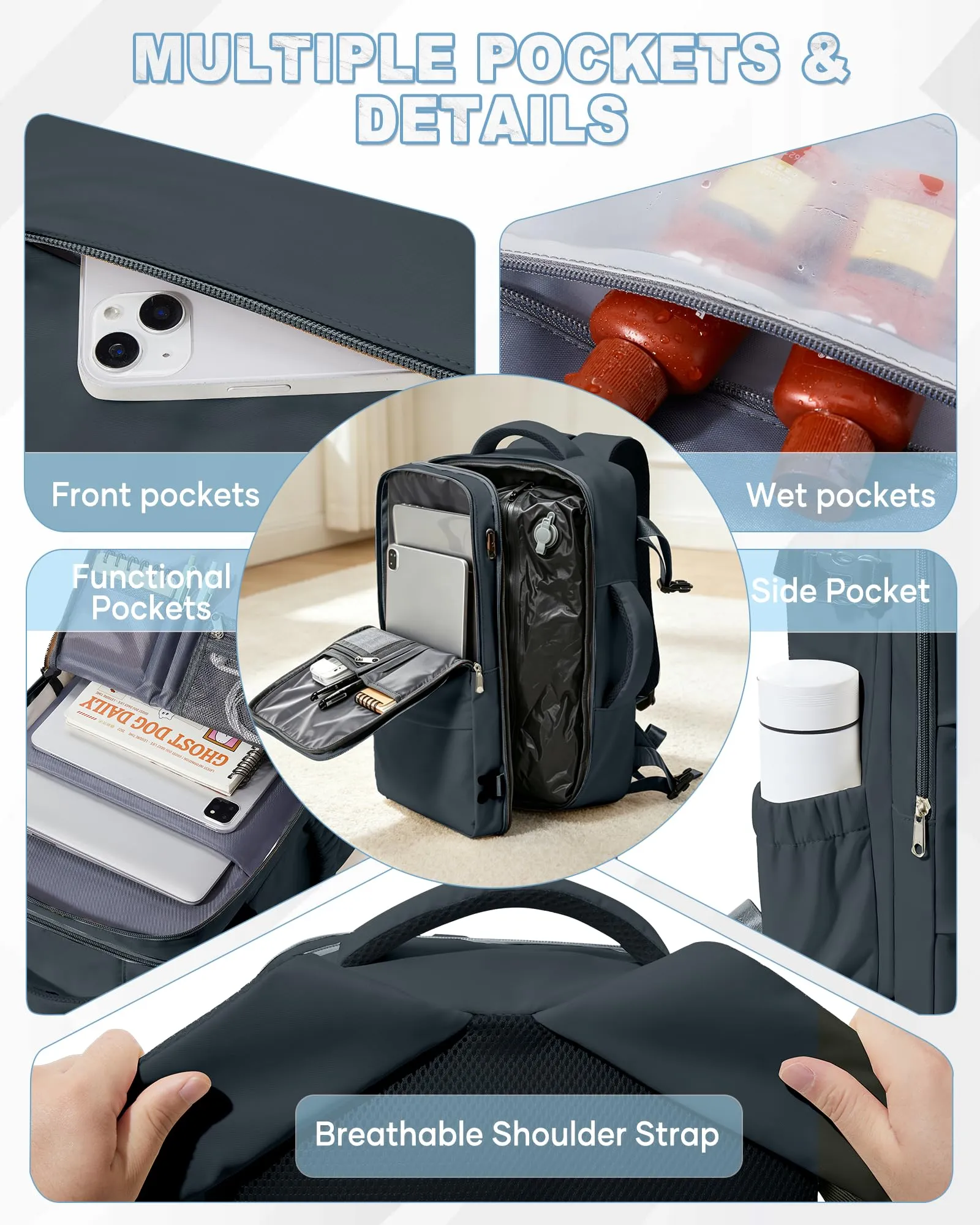 SZLX Zaino da Viaggio Sottovuoto con Pompa 40x30x20cm per Ryanair Wizzair, Impermeabile, Scomparto Laptop 14 Pollici e Scomparto Scarpe - immagine 9