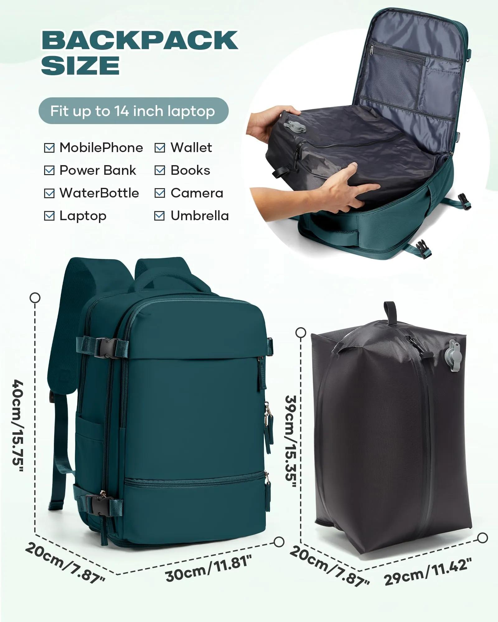 SZLX Zaino da Viaggio Sottovuoto con Pompa 40x30x20 per Ryanair, Wizzair, Easyjet, Impermeabile per Laptop 14 Pollici - immagine 4