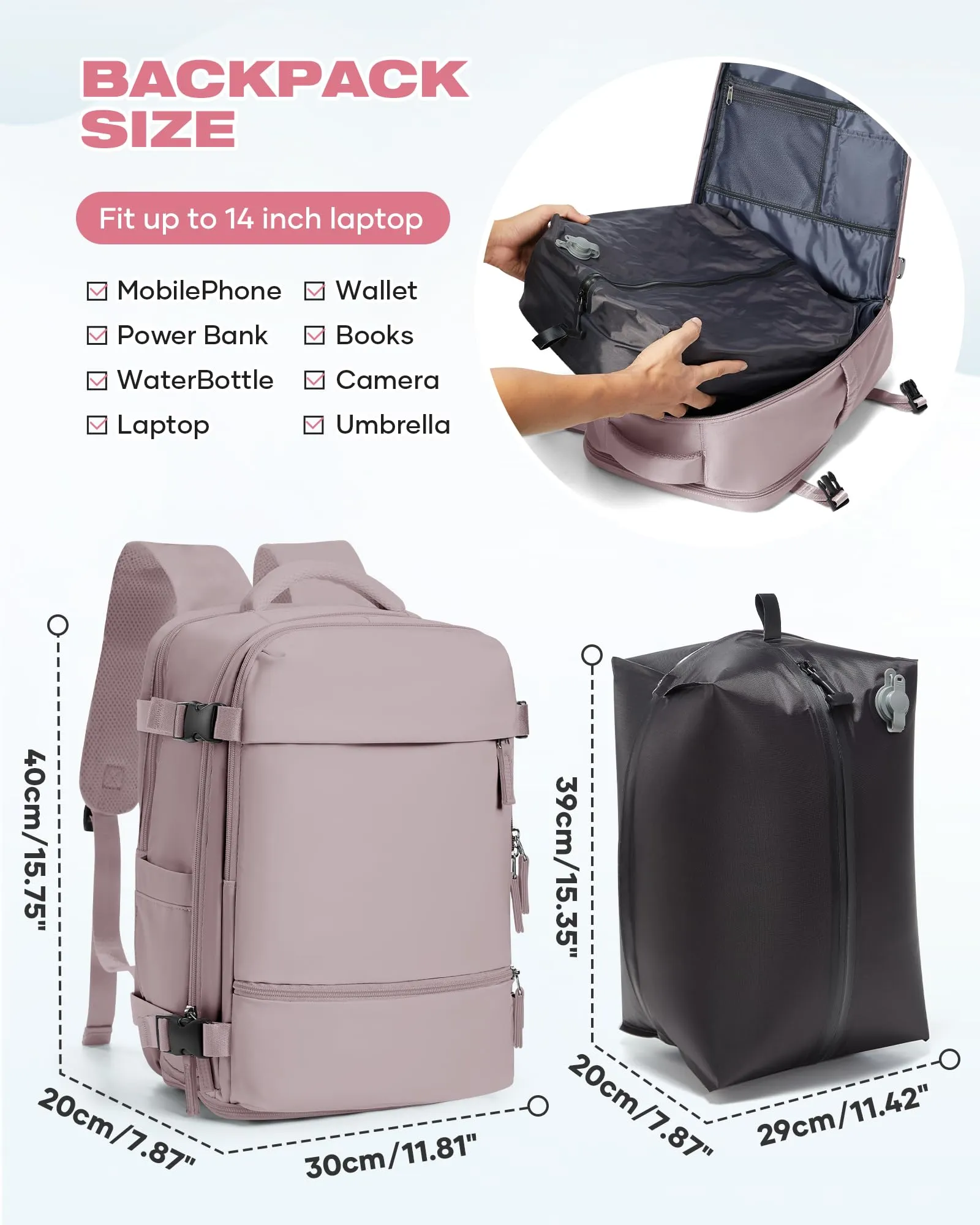SZLX Zaino da Viaggio Sottovuoto con Pompa 40x30x20 per Ryanair, Wizzair, Easyjet, Impermeabile per Laptop 14 Pollici - immagine 4