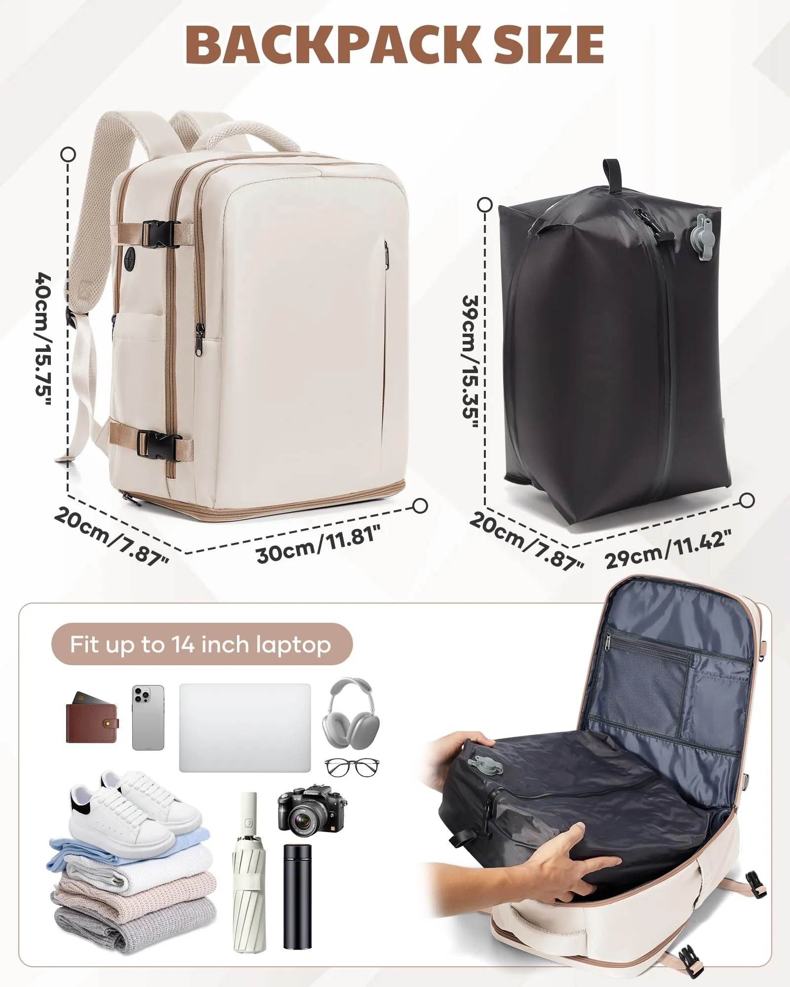 SZLX Zaino da Viaggio Sottovuoto con Pompa per Ryanair 40x30x20, Wizzair ed Easyjet, Bagaglio a Mano per Laptop 14 Pollici con Porta Scarpe - immagine 5