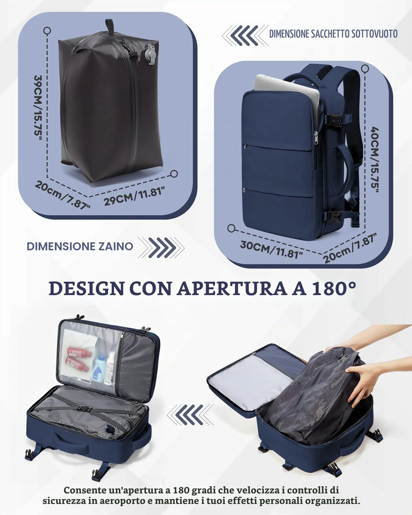 SZLX Zaino da Viaggio Sottovuoto con Pompa, Bagaglio a Mano 40x30x20 per Ryanair, Wizz Air, Easyjet, Compatibile con Laptop 14 Pollici, con Porta Scarpe - immagine 4