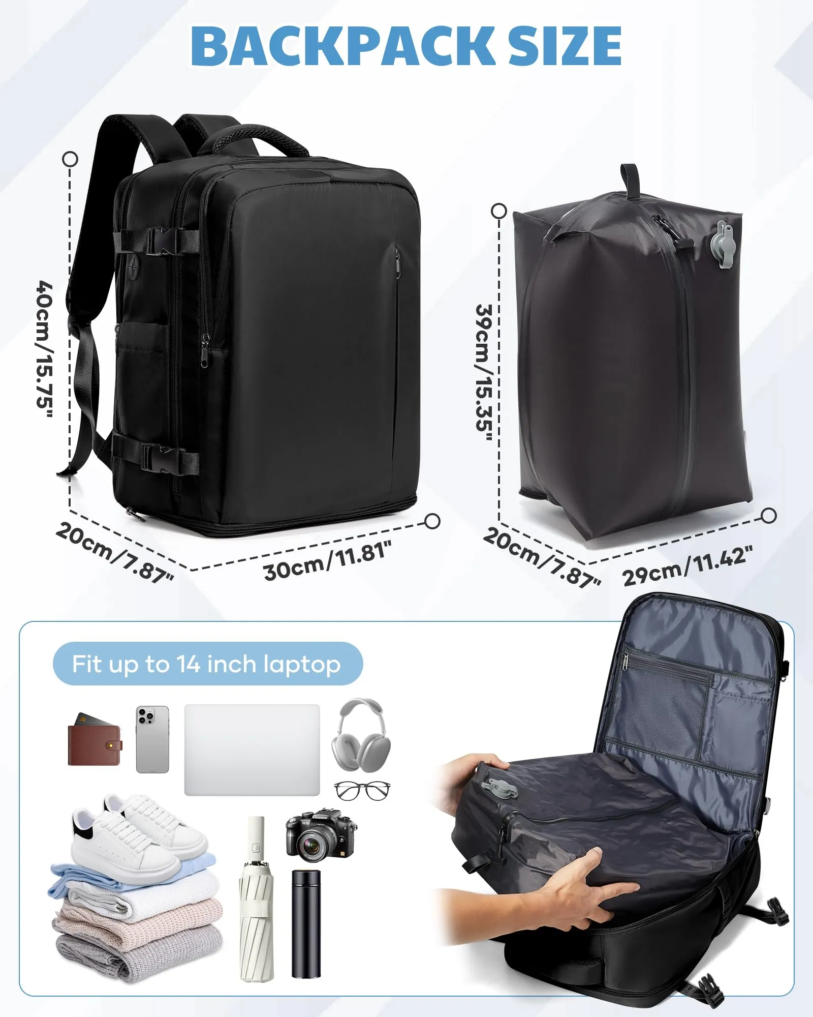 SZLX Zaino da Viaggio Sottovuoto con Pompa 40x30x20 per Ryanair, Wizzair, Easyjet, Bagaglio a Mano con Scomparto Laptop 14 Pollici e Porta Scarpe - immagine 5