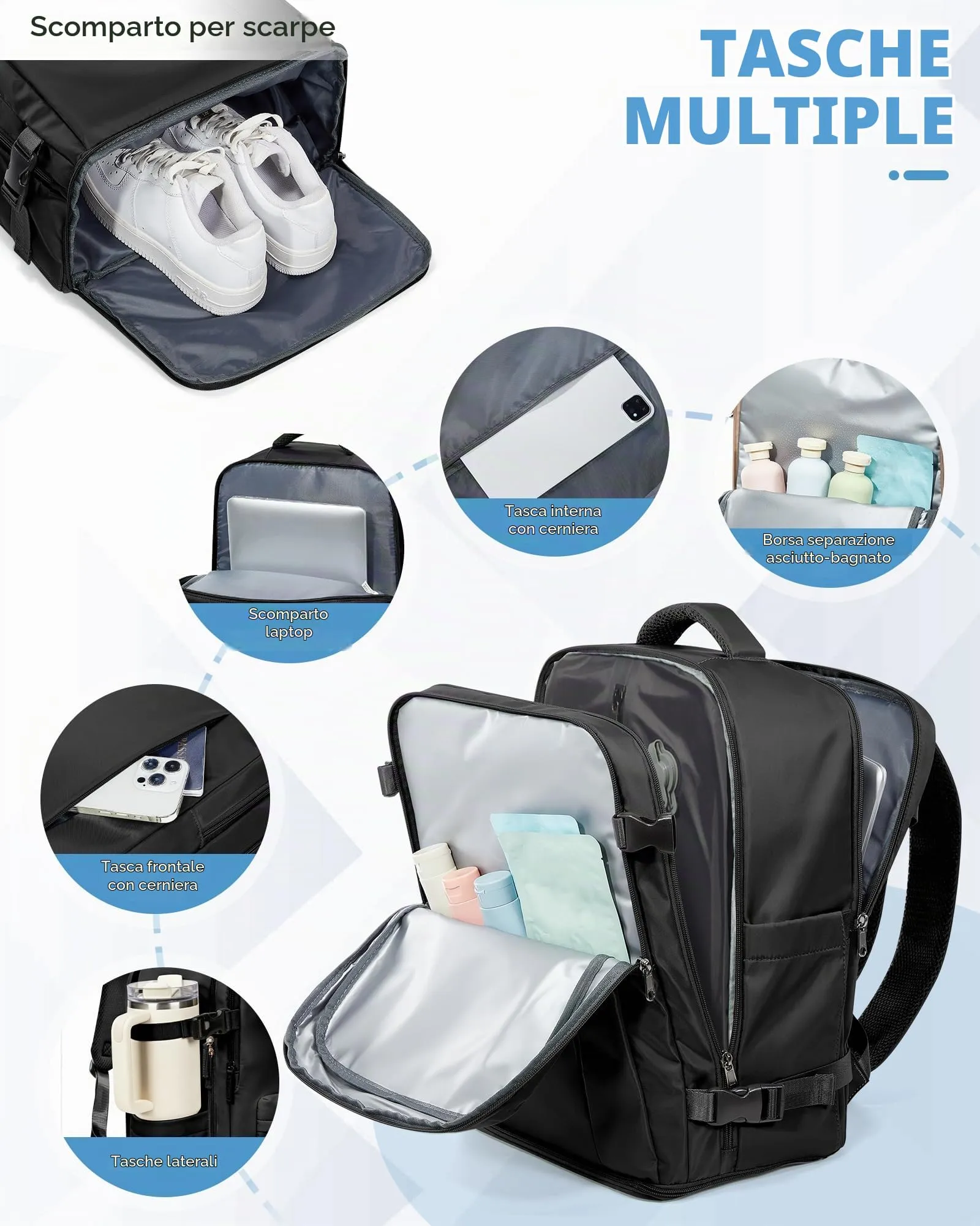 SZLX Zaino da Viaggio Sottovuoto con Pompa 40x30x20 per Ryanair, Wizzair, Easyjet, Bagaglio a Mano con Scomparto Laptop 14 Pollici e Porta Scarpe - immagine 11