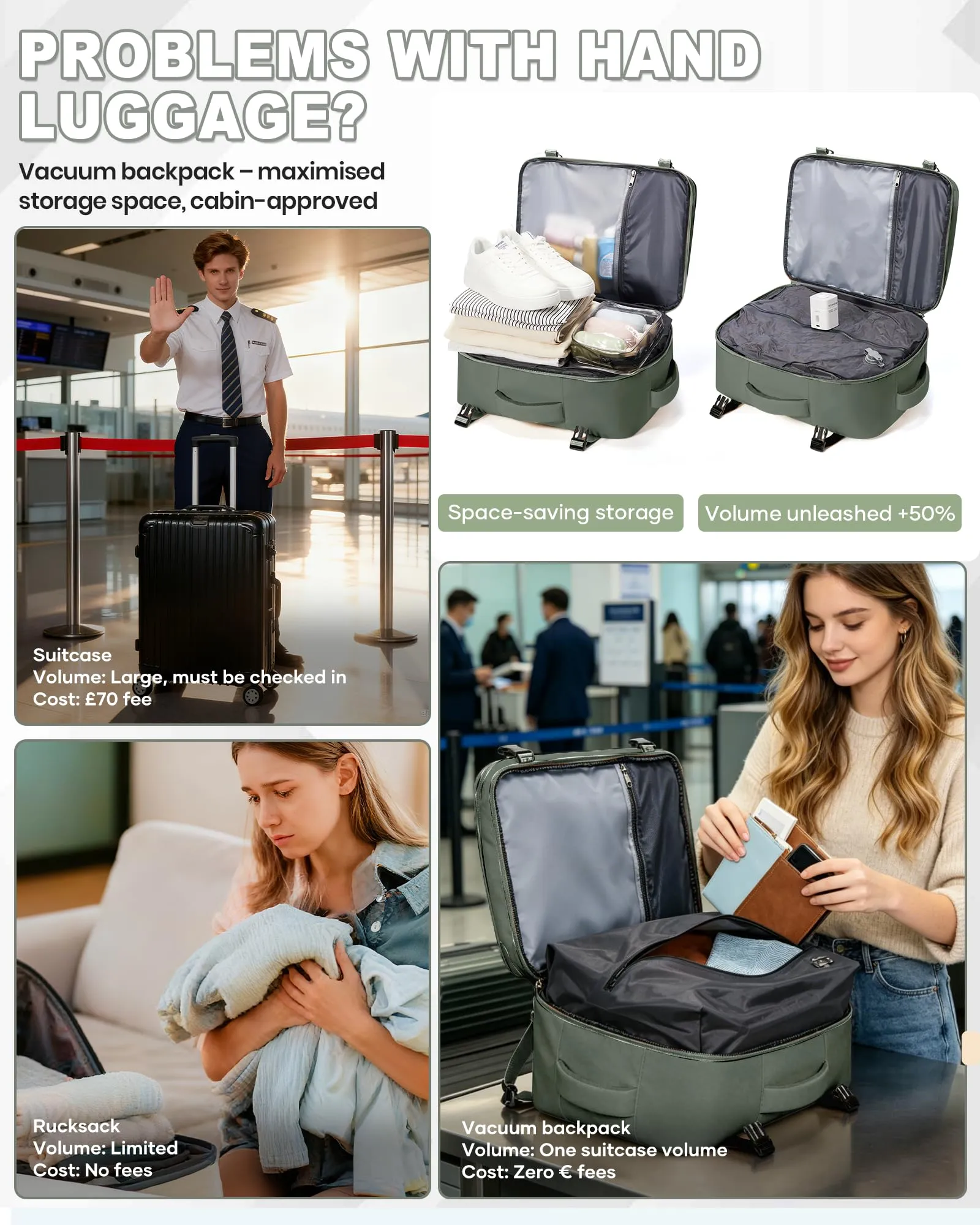 SZLX Zaino da Viaggio Sottovuoto con Pompa, Bagaglio a Mano 40x30x20 per Ryanair, Wizz Air, Easyjet, Scomparto Laptop 14 Pollici e Porta Scarpe - immagine 7