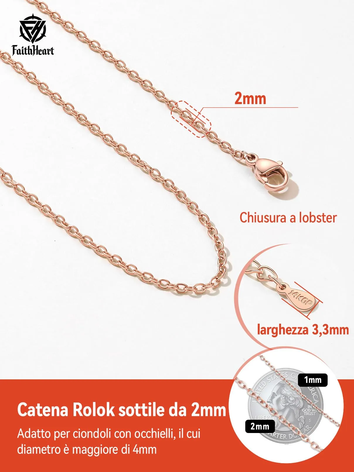 FaithHeart Collana Catenina Donna in Acciaio Inossidabile 2mm Oro, 70cm - immagine 6