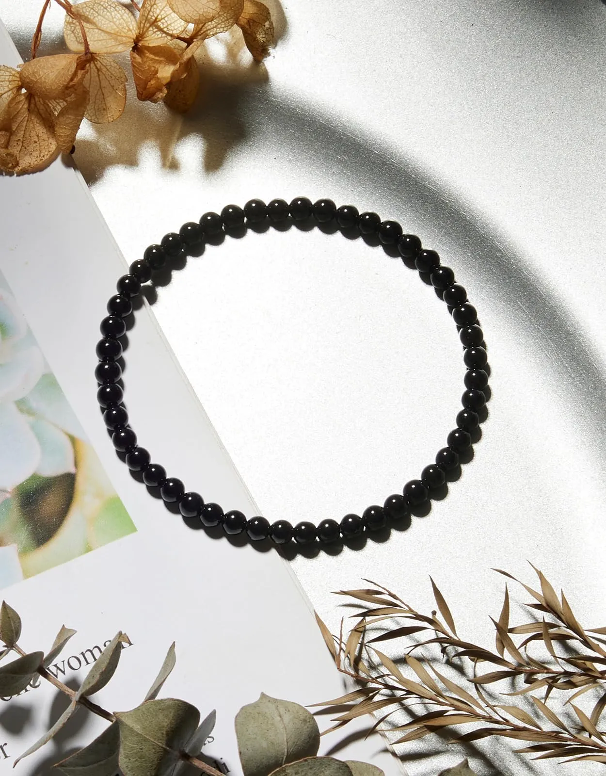 Landorilo Bracciale in Pietra Naturale Ossidiana Nera, 4 mm, 18-19 cm - immagine 3