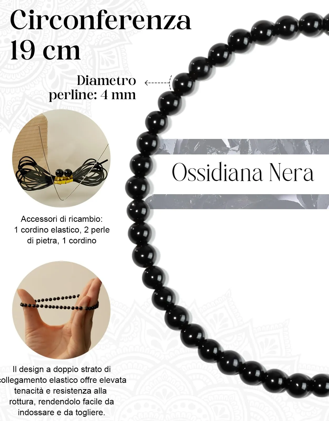 Landorilo Bracciale in Pietra Naturale Ossidiana Nera, 4 mm, 18-19 cm - immagine 4