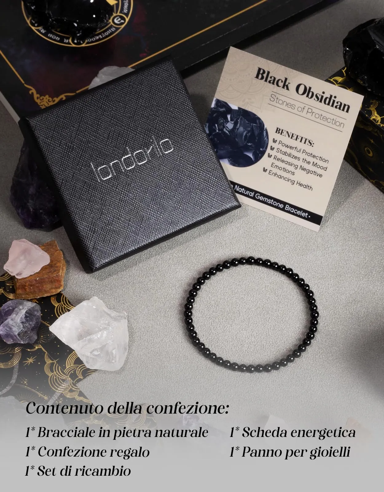 Landorilo Bracciale in Pietra Naturale Ossidiana Nera, 4 mm, 18-19 cm - immagine 5