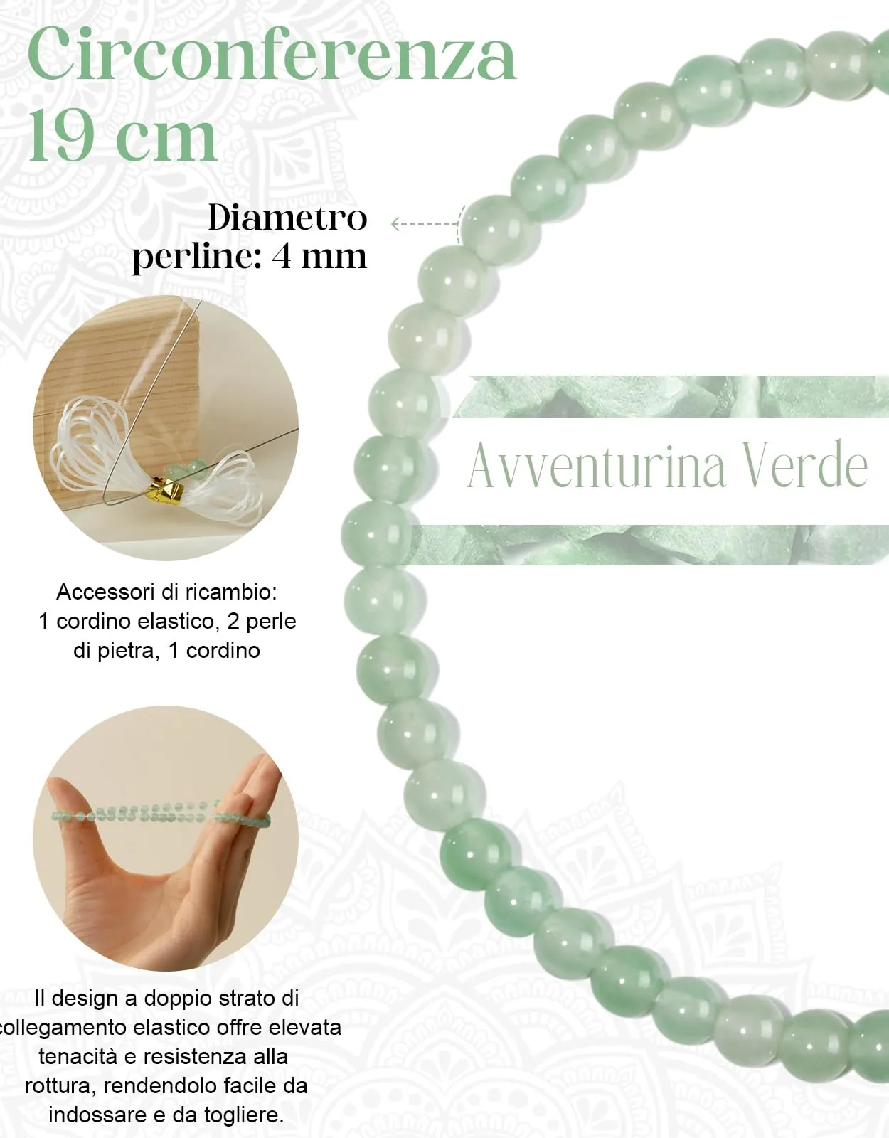 Landorilo Bracciale in Pietra Naturale Avventurina Verde, 4 mm, 18-19 cm - immagine 4