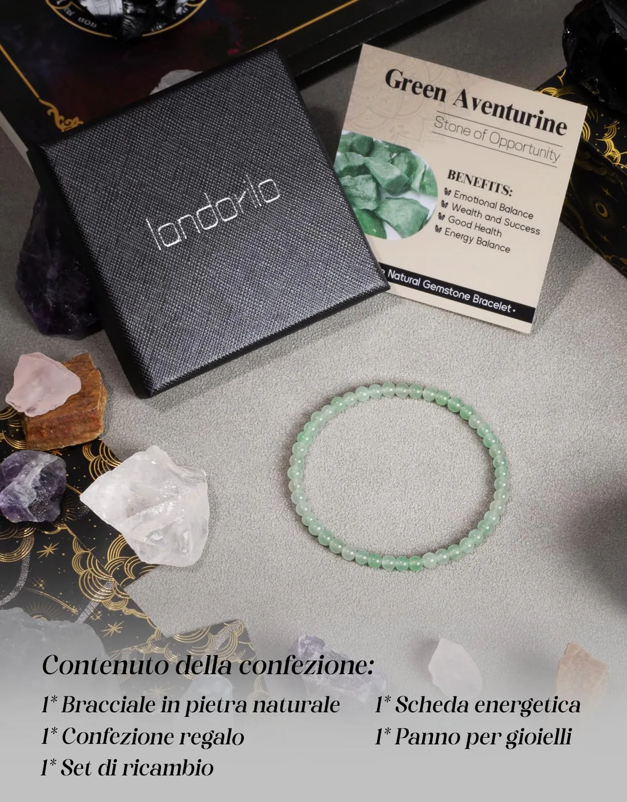 Landorilo Bracciale in Pietra Naturale Avventurina Verde, 4 mm, 18-19 cm - immagine 5