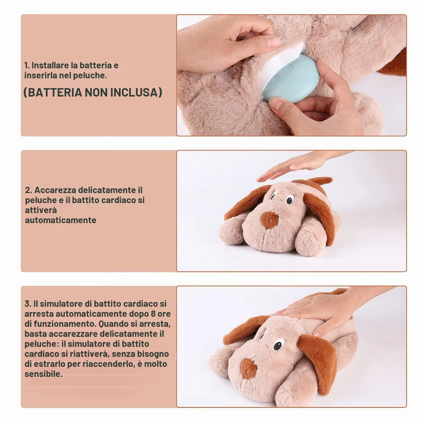 WEOK Giocattolo di peluche calmante con battito cardiaco per cuccioli, cani e gatti - Marrone - immagine 8