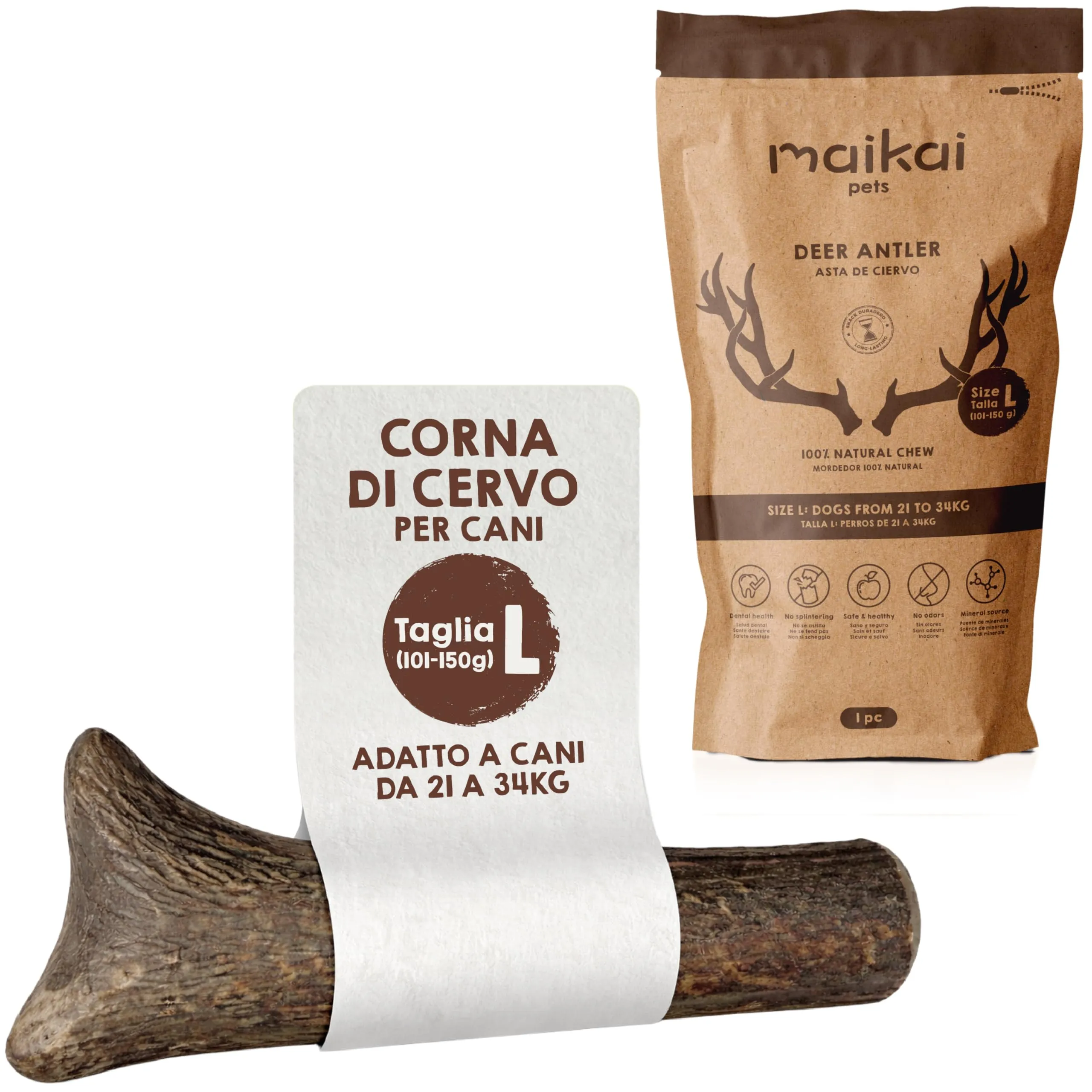 MAIKAI Corno di Cervo per Cani, Taglia L, 140 g - immagine 1