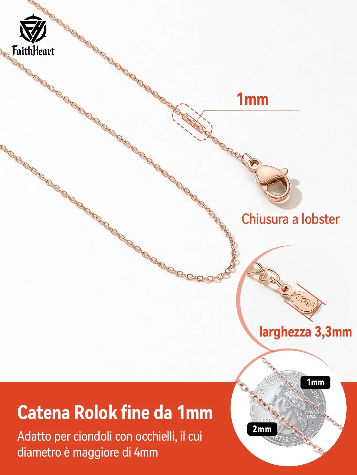 FaithHeart Collana Catenina in Acciaio Inossidabile 1mm Oro 40cm - immagine 6