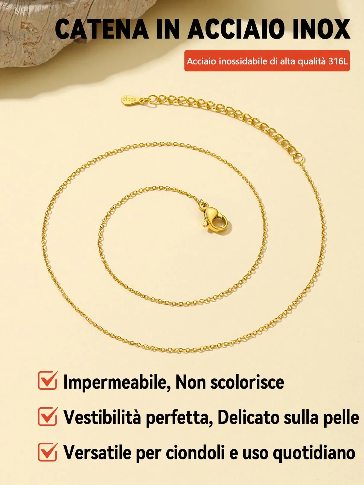 FaithHeart Collana Catenina Donna in Acciaio Inossidabile 1mm Oro 55cm - immagine 9