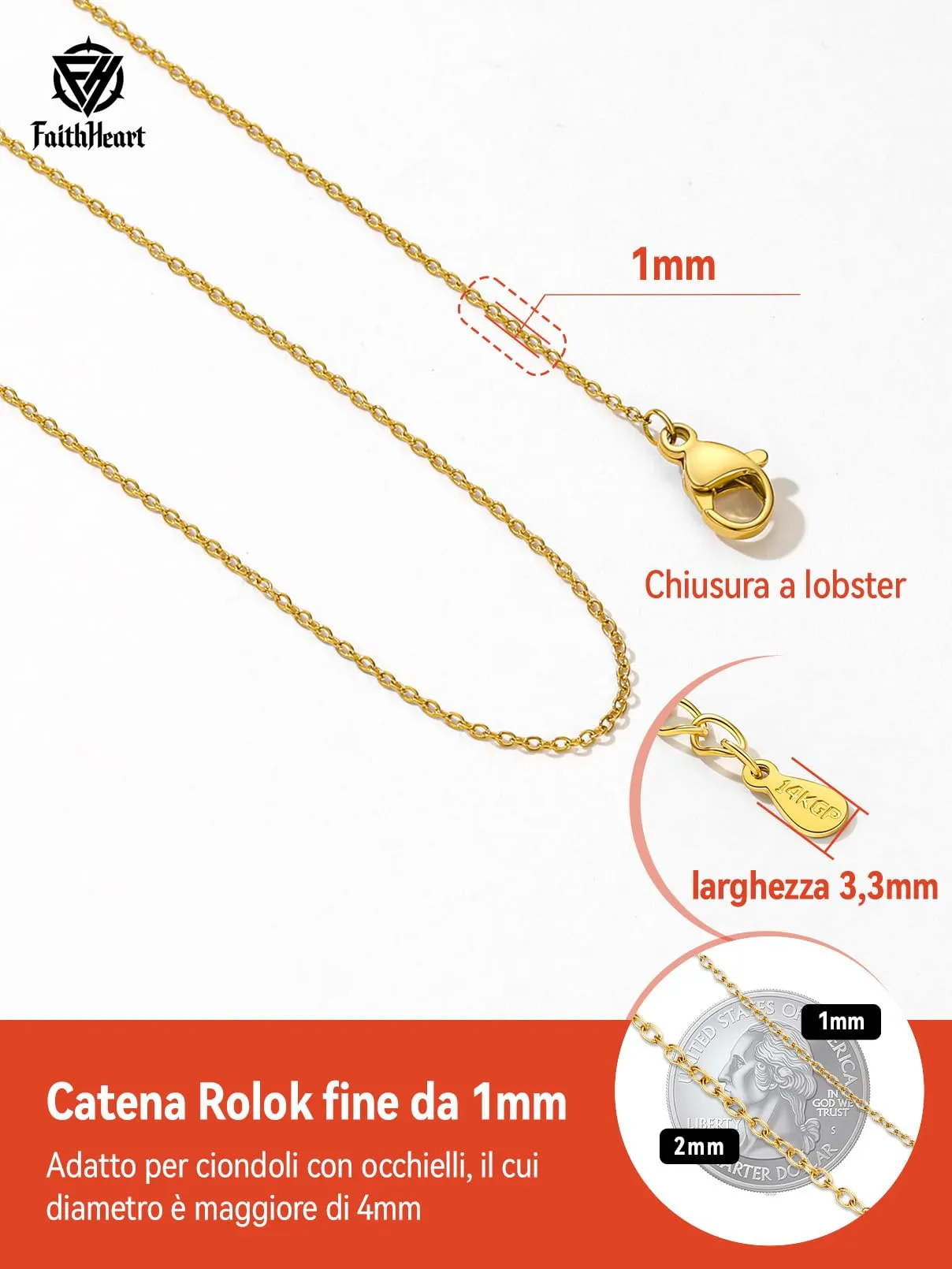 FaithHeart Collana Catenina Donna in Acciaio Inossidabile 1mm Oro, 45cm - immagine 6
