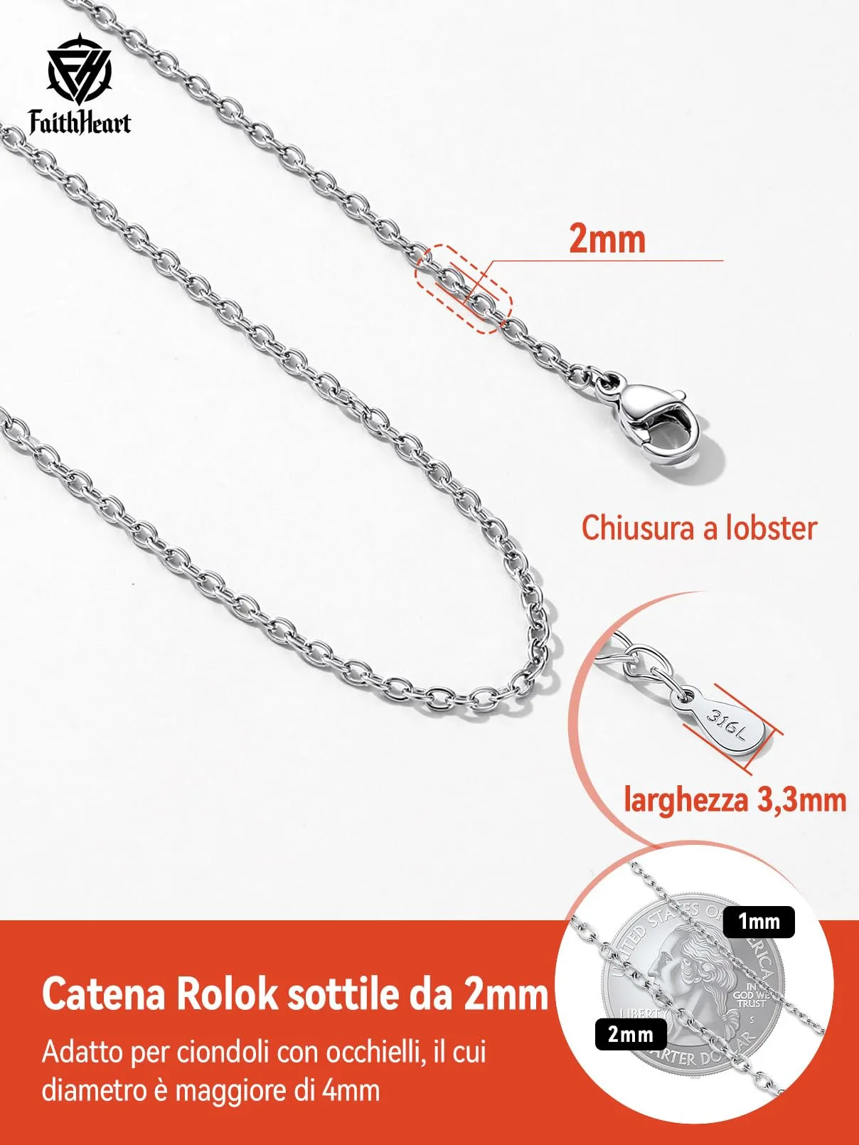 FaithHeart Collana Catenina Donna in Acciaio Inossidabile 2mm Argento 35cm - immagine 8