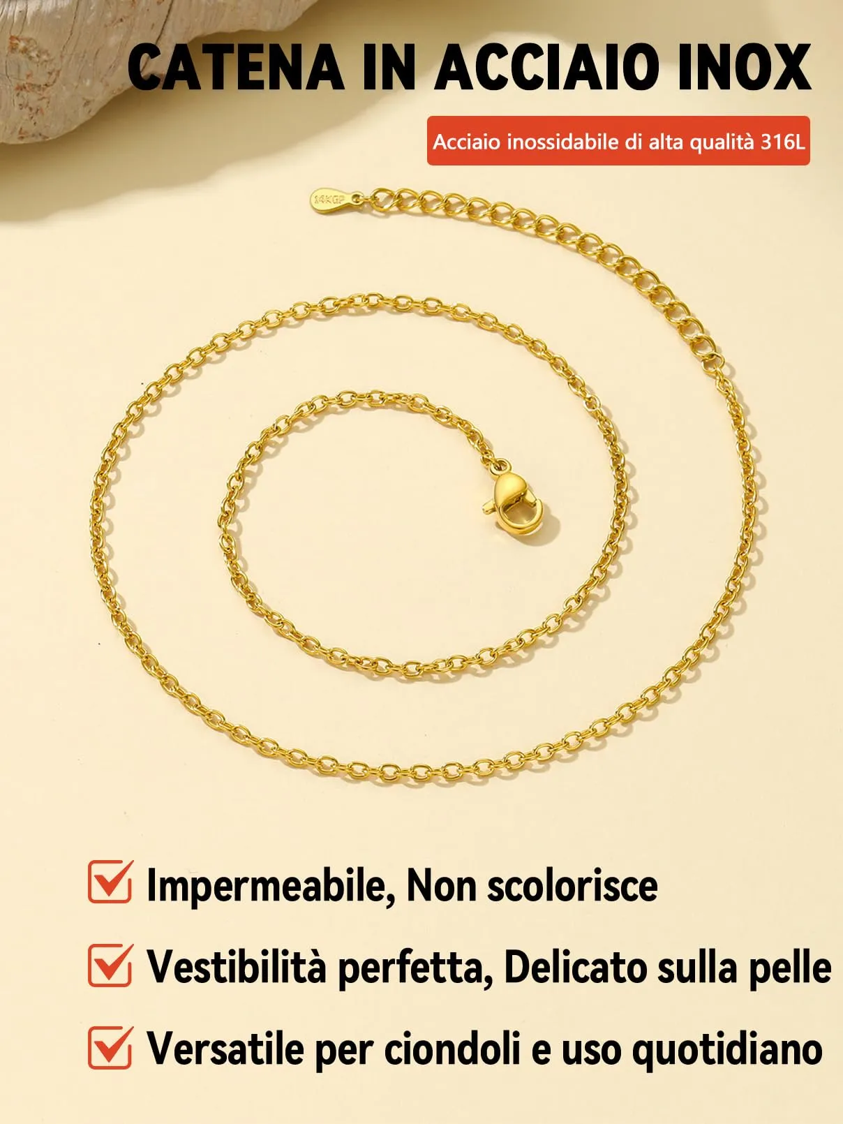FaithHeart Collana Catenina Donna in Acciaio Inossidabile 2mm Oro 75cm - immagine 5