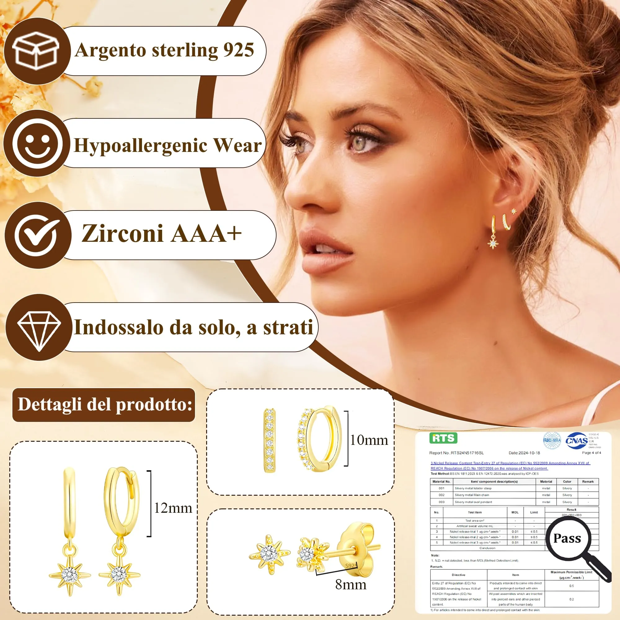 Rajputana Set 3 Paia Orecchini a Cerchio in Oro e Zirconi Anallergici - immagine 2